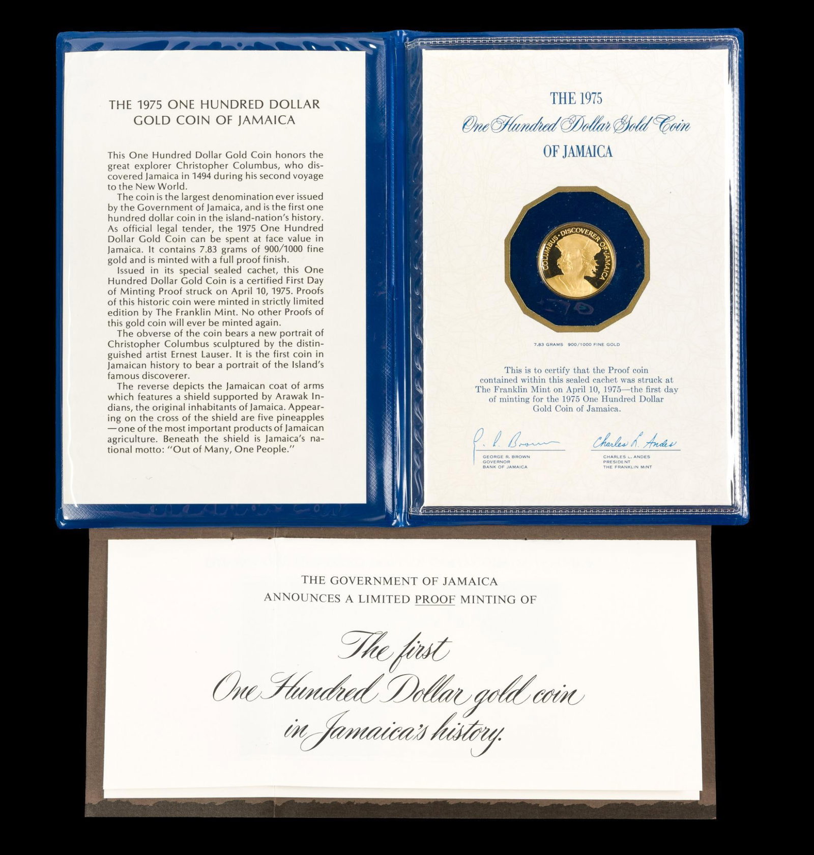 Jamaica $100 Gold 1975: A proof commemorative proof coin .900 fine with a weight of 7.83 grams, AGW (pure gold weight) of .2266 troy ounces.