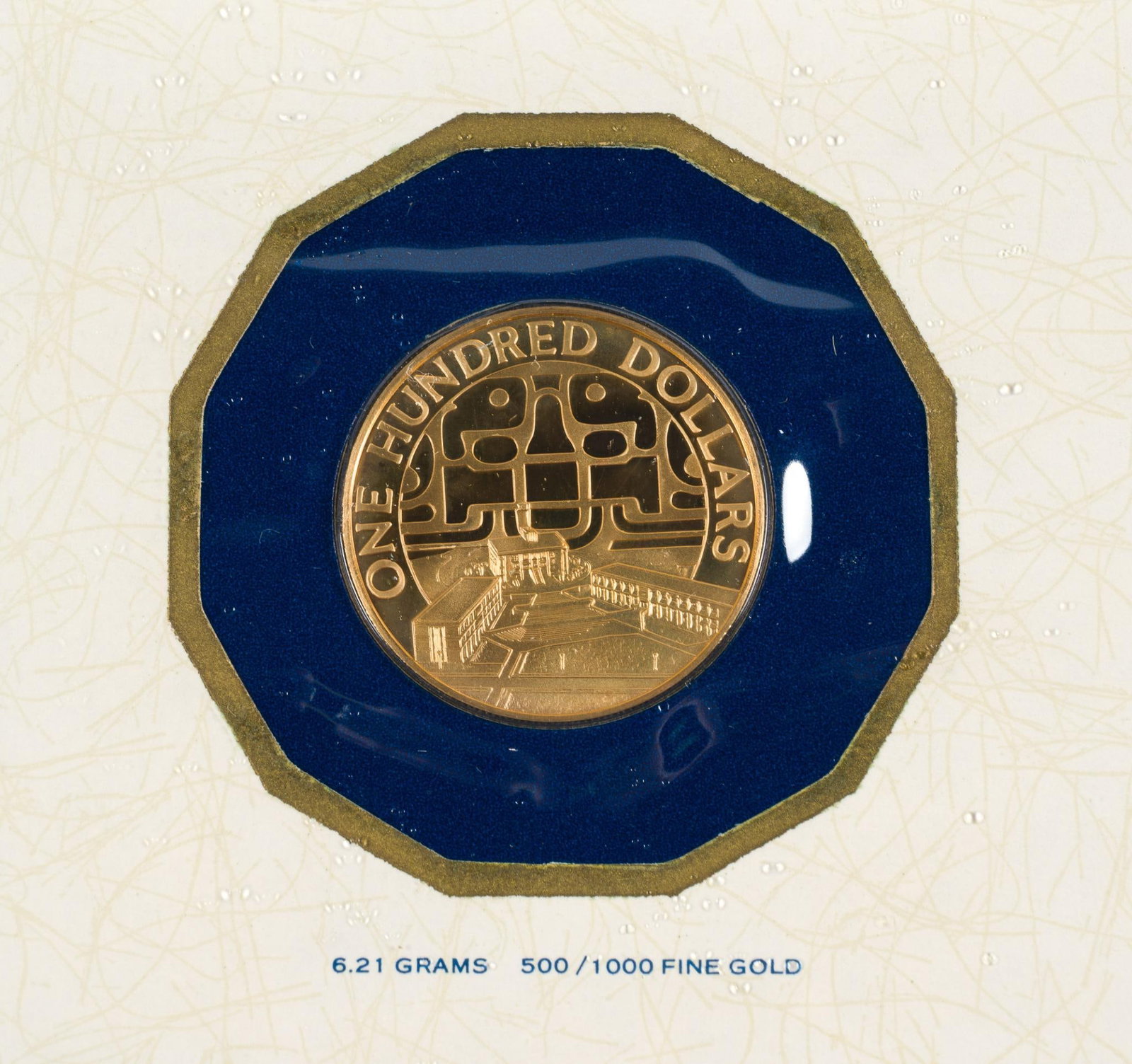 Belize $100 Gold 1975: A proof commemorative proof coin .500 fine with a weight of 6.21 grams, AGW (pure gold weight) of .0998 troy ounces.