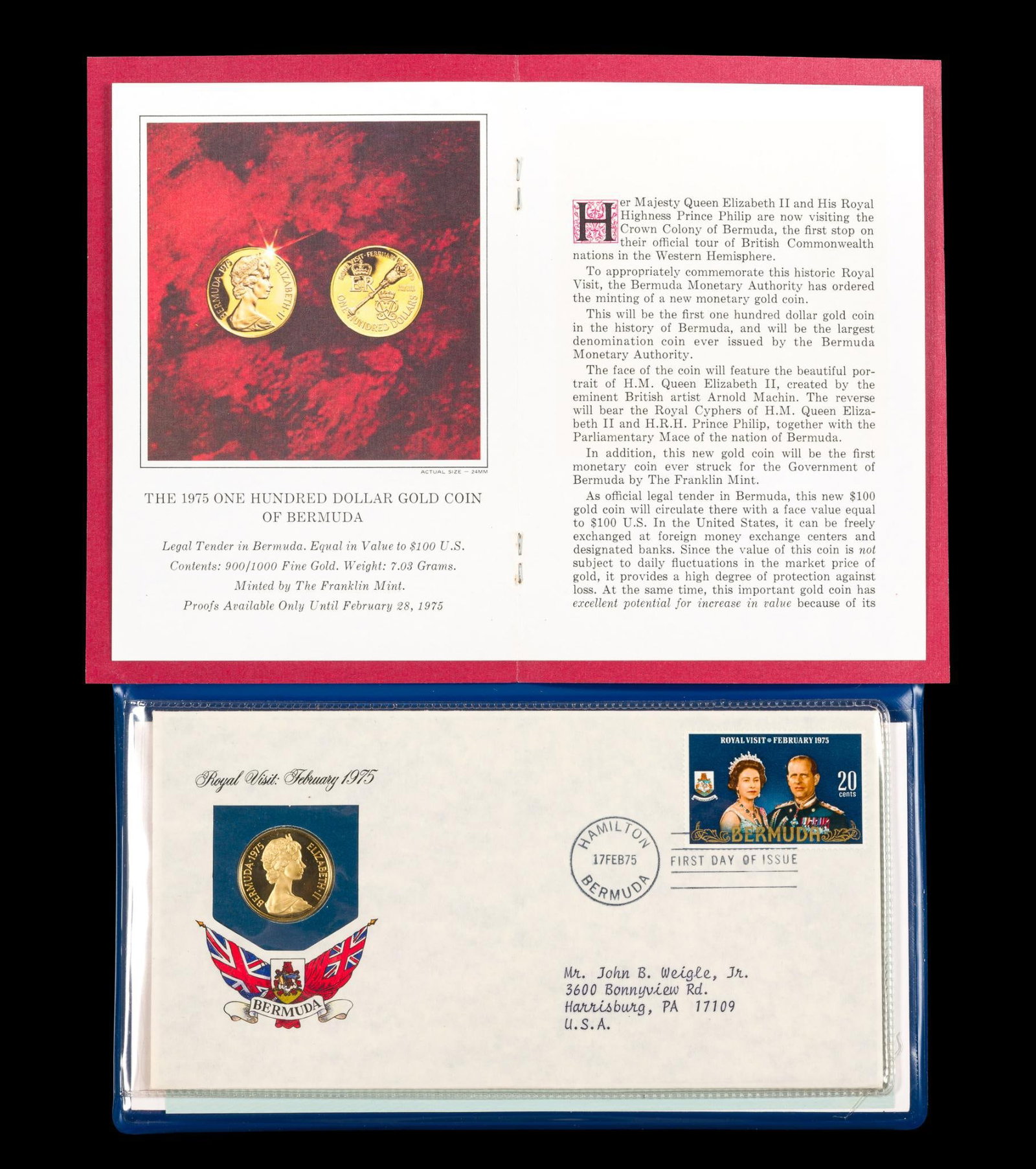 Bermuda $100 Gold 1975: A proof commemorative proof coin .900 fine with a weight of 7.03 grams, AGW (pure gold weight) of .2034 troy ounces.