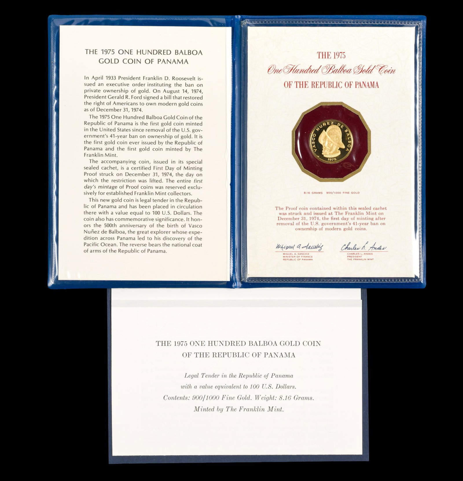 Bermuda 100 Balboas Gold 1975: A proof commemorative proof coin .900 fine with a weight of 8.16 grams, AGW (pure gold weight) of .2361 troy ounces.