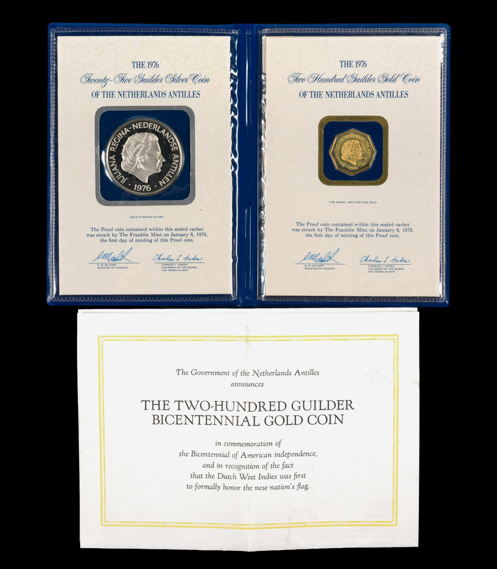 1976 Netherlands Antilles 200 Guilder Gold Coin: A two-con set with proof commemorative proof coin .900 fine gold and a weight of 7.95 grams, AGW (pure gold weight) of .23 troy ounces. The second coin is proof sterling silver .925 42.12 grams, ASW (