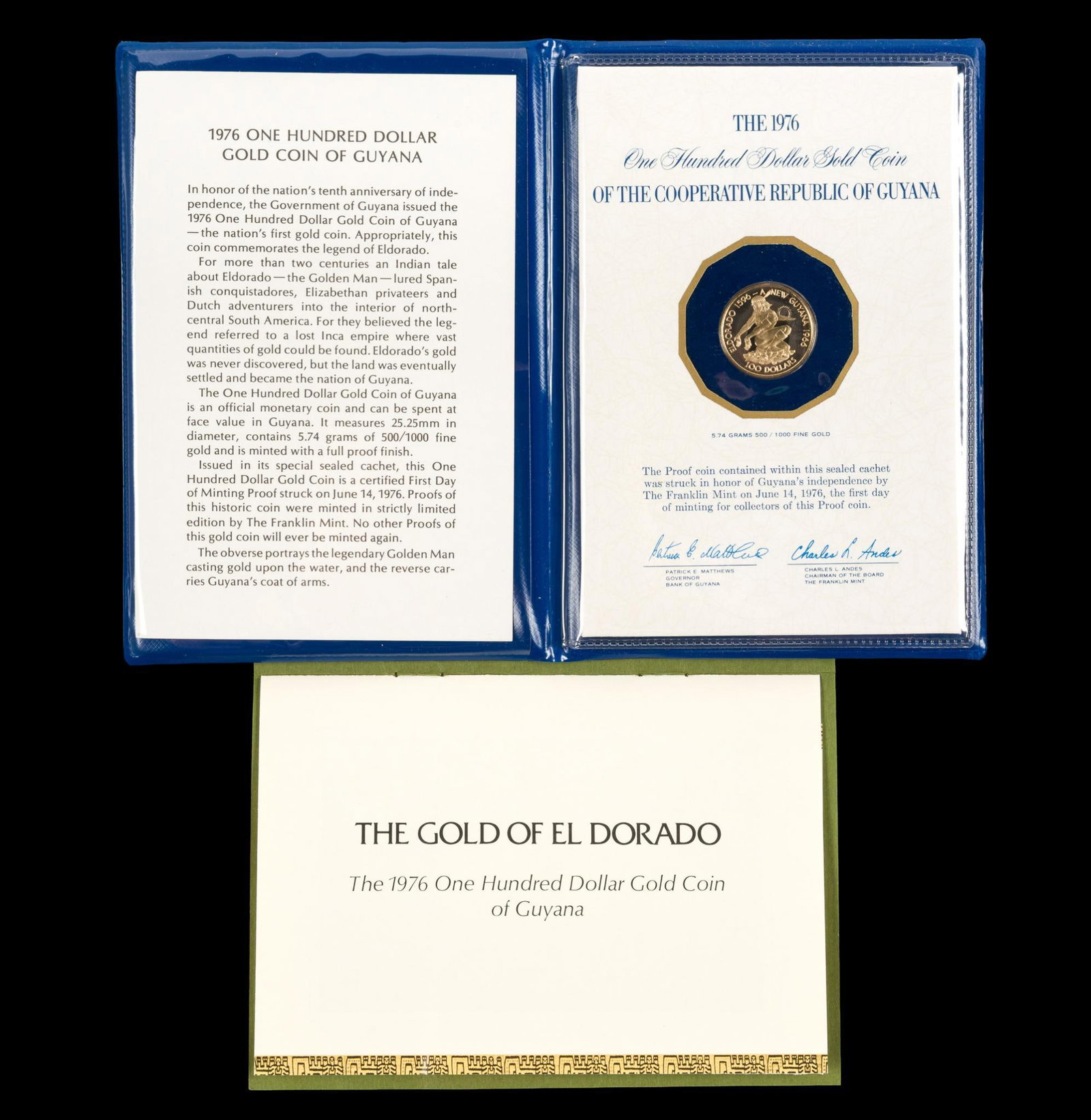 Guyana $100 Gold 1976: A proof commemorative proof coin .500 fine with a weight of 5.74 grams, AGW (pure gold weight) of .0923 troy ounces.