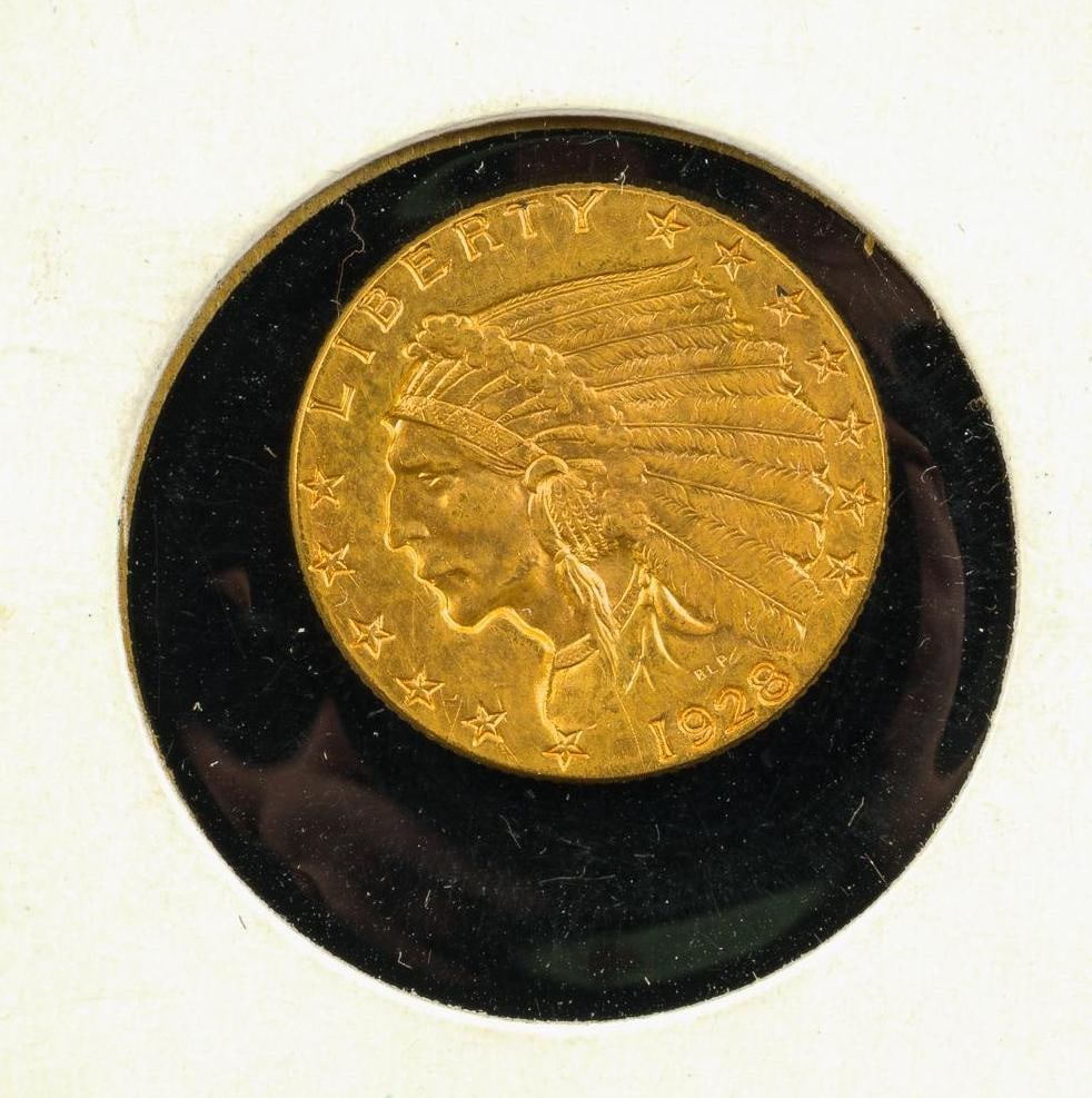 1928 Indian Gold $2 1/2 Coin: An XF two and a half dollar gold coin from 1926.