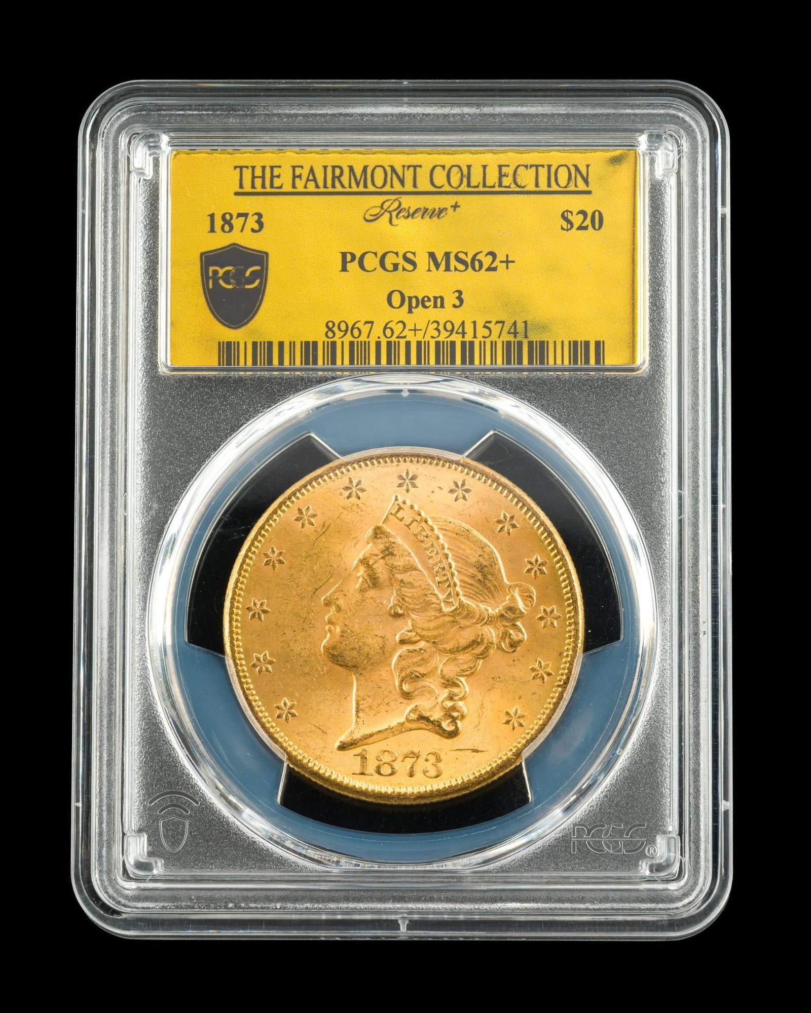 1873-S Twenty Dollar Gold Coin PCGS Graded: An 1873-S Closed 3 $20 graded MS61 Plus by PCGS.