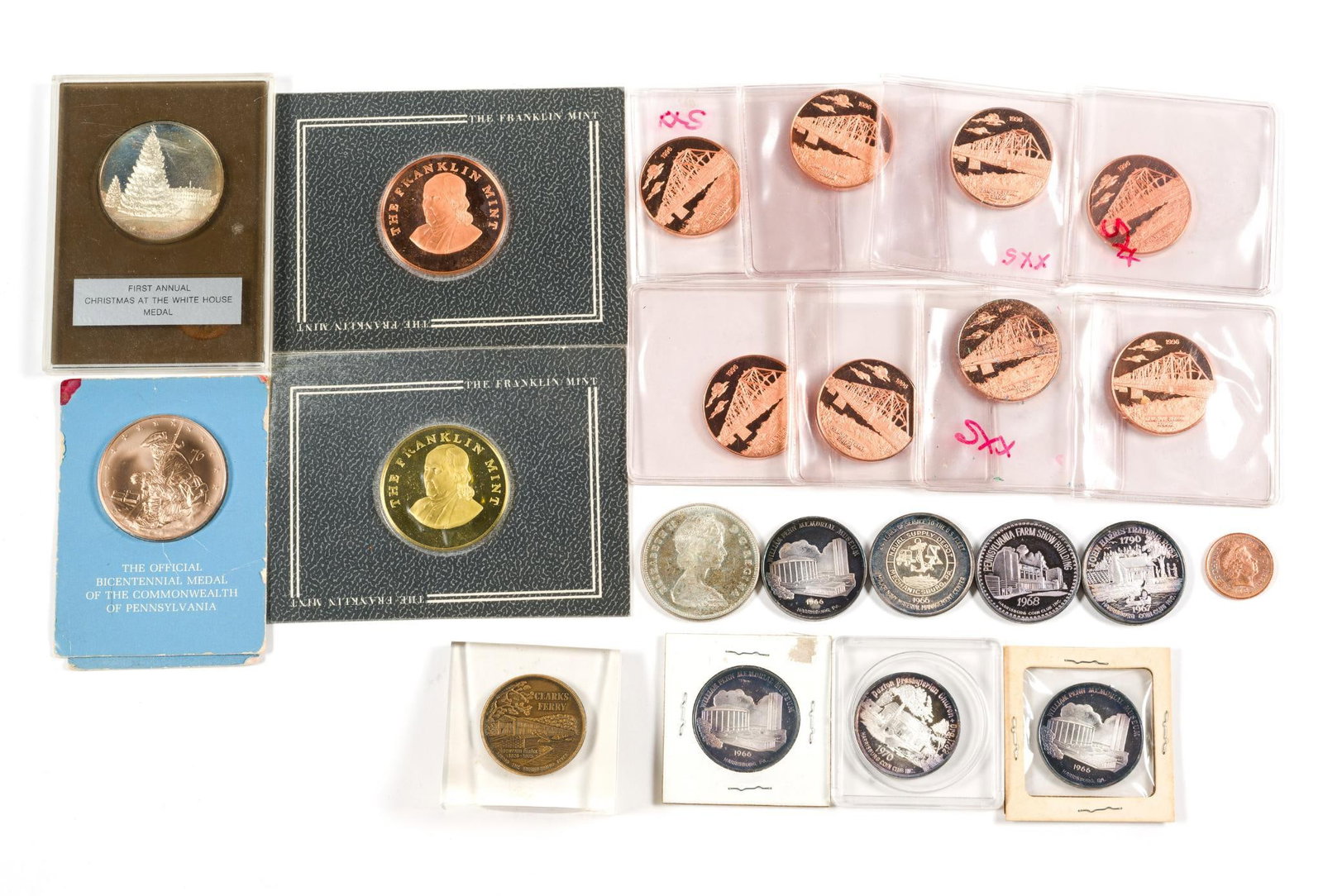Silver And Bronze Medalions And A Canada Silver Dollar: 1967 proof-like Canada silver dollar and seven .999 fine pure silver medallions for the Harrisburg Coin Club. Each medallion weighs 0.65 troy ounces.