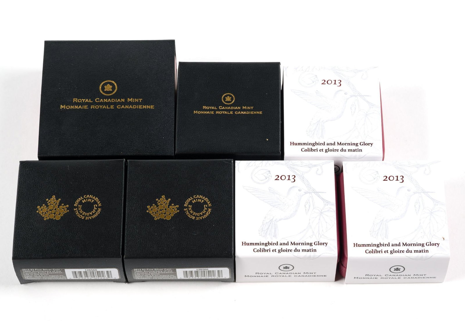 Seven Pure Silver Proof Commemorative Canada Coins 2013: Each of the seven are 7.96 grams each .999 fine. Three Hummingbird and Morning Glory, two 100th Anniversary Canadian Arctic Expedition,one Fishing, and one $20 Year OF The Snake 