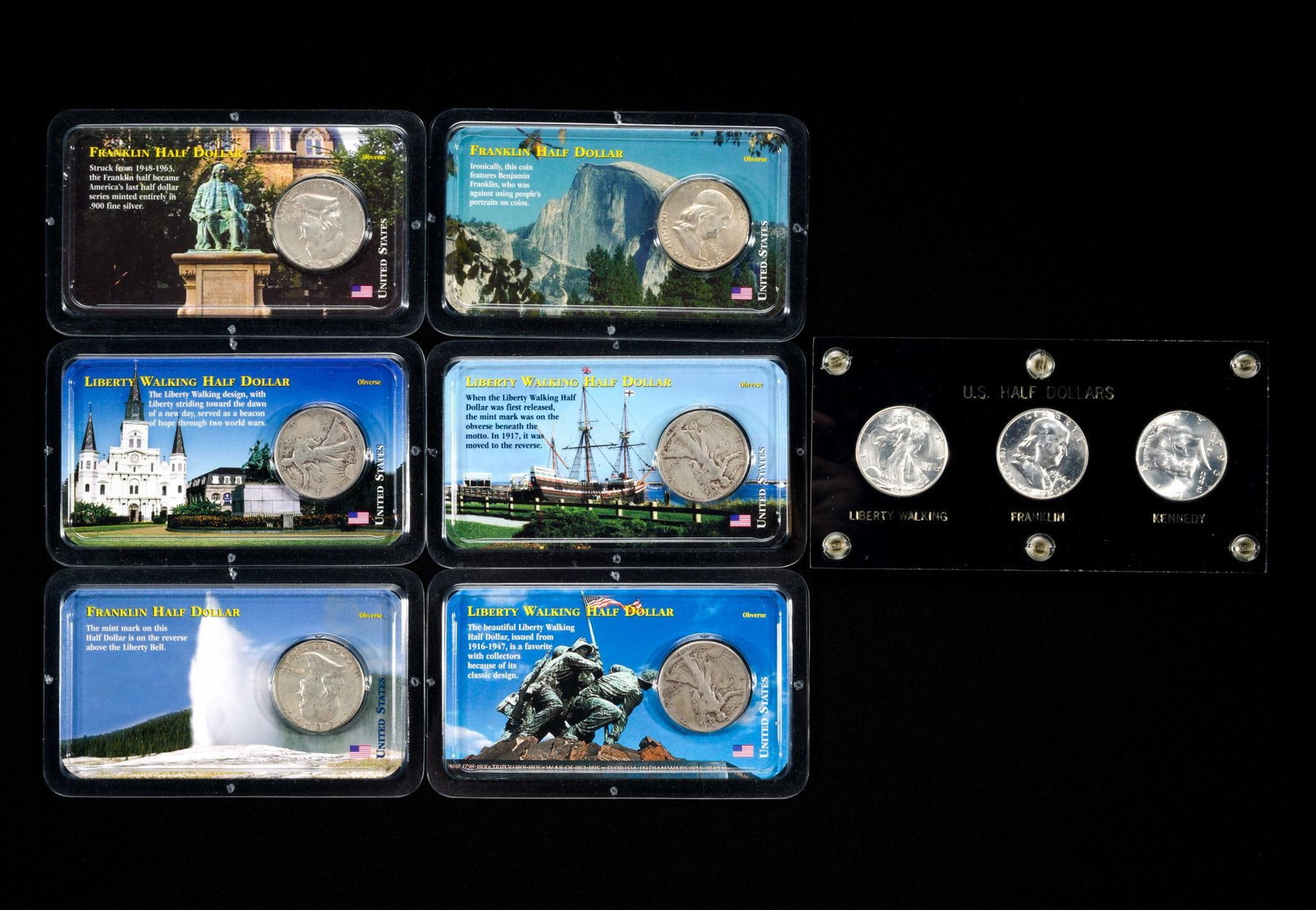 Silver Half Dollars Including Gem BU 1947- D Walking Liberty: Nine silver half dollars including an acrylic enclosed BU type set with a very nice 1947-D Walking Liberty Half. 