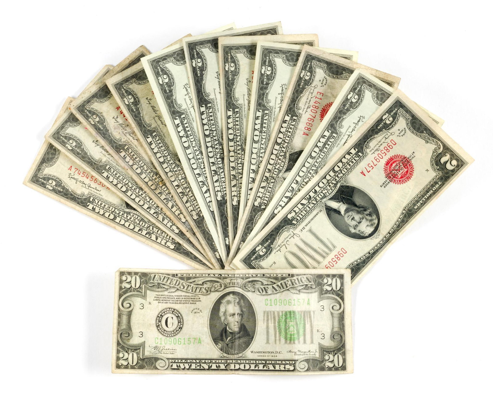 1934 $20 Federal Reserve Note and Red Seal $2 (1 of 1)