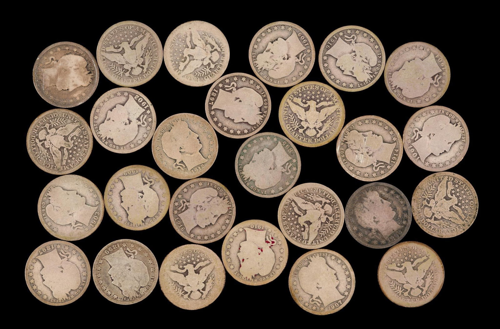 Twenty Six Barber Quarters: Most have substantial wear.