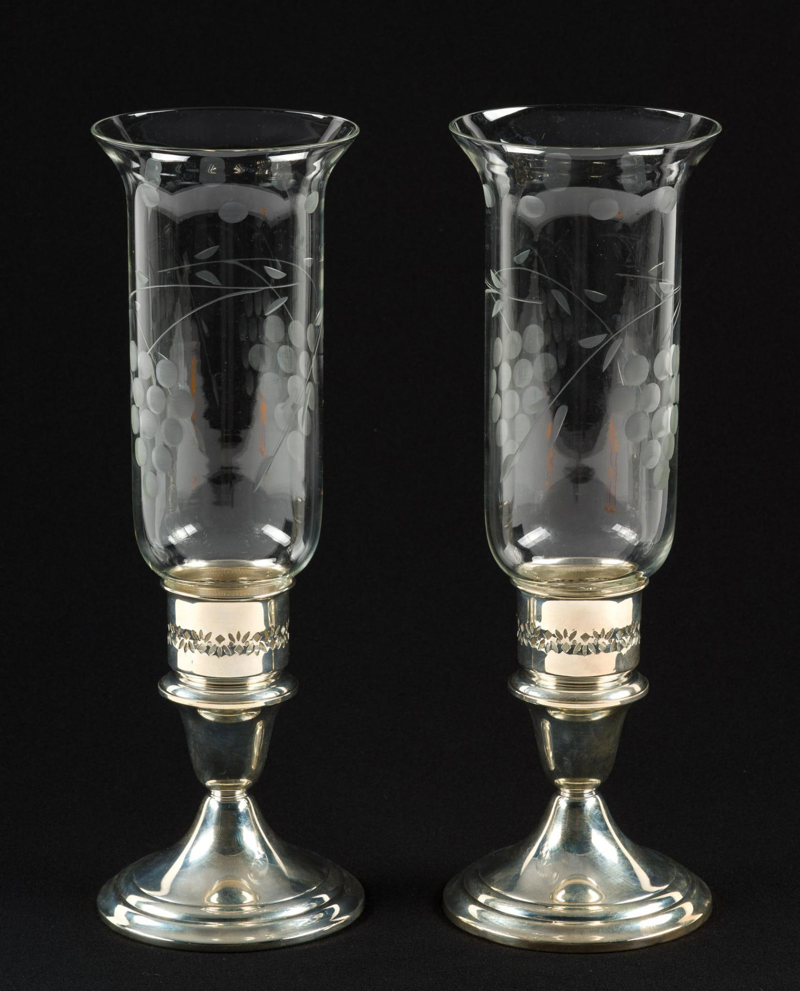 Gorham Silver Mounted Hurricane Candlestick Lamps: Pattern 661 Gorham weighted sterling candle holders with the original etched glass hurricane enclosures. They are in mint condition, 11 3/16" height, and the bases without glass weigh 20.6 troy ounces