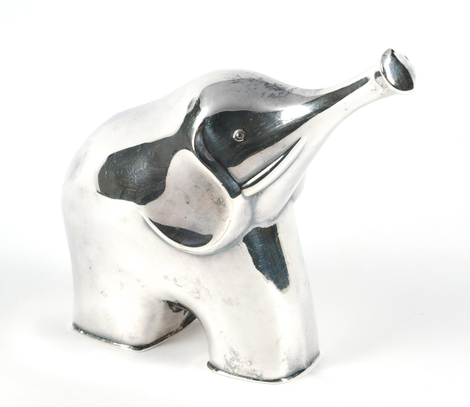 Mid Century Danish Silverplate Elephant Coin Bank: Marked Denmark on bottom of feet. 2-1/4" wide x 4-5/8" long. Missing stopper. 