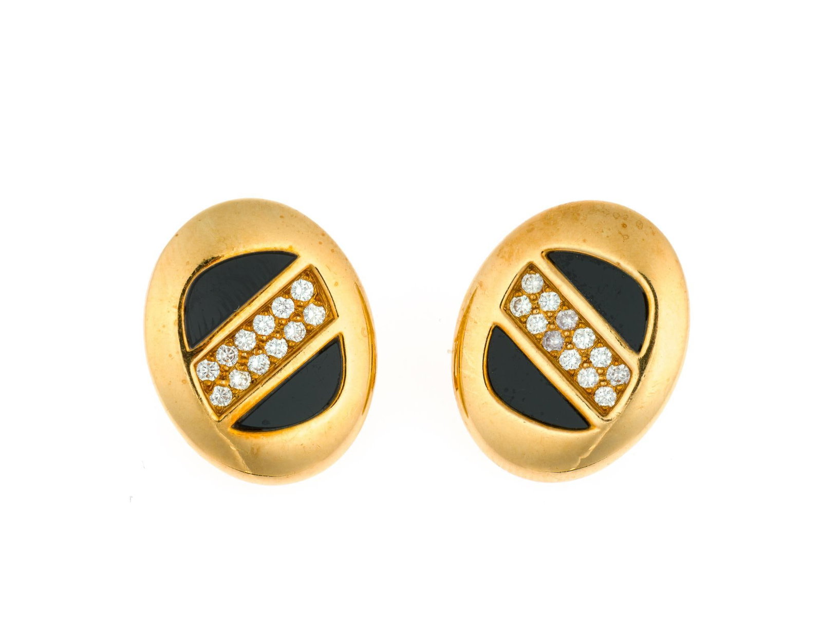 Vintage 18K Gold, Onyx, and Diamond Earrings: 3/4" length earrings for pierced ears with omega backs. The earrings are enhanced by diamonds and onyx. The weight is 14.4 grams and they are marked 18k on the omega backs and 750 with maker's mark.