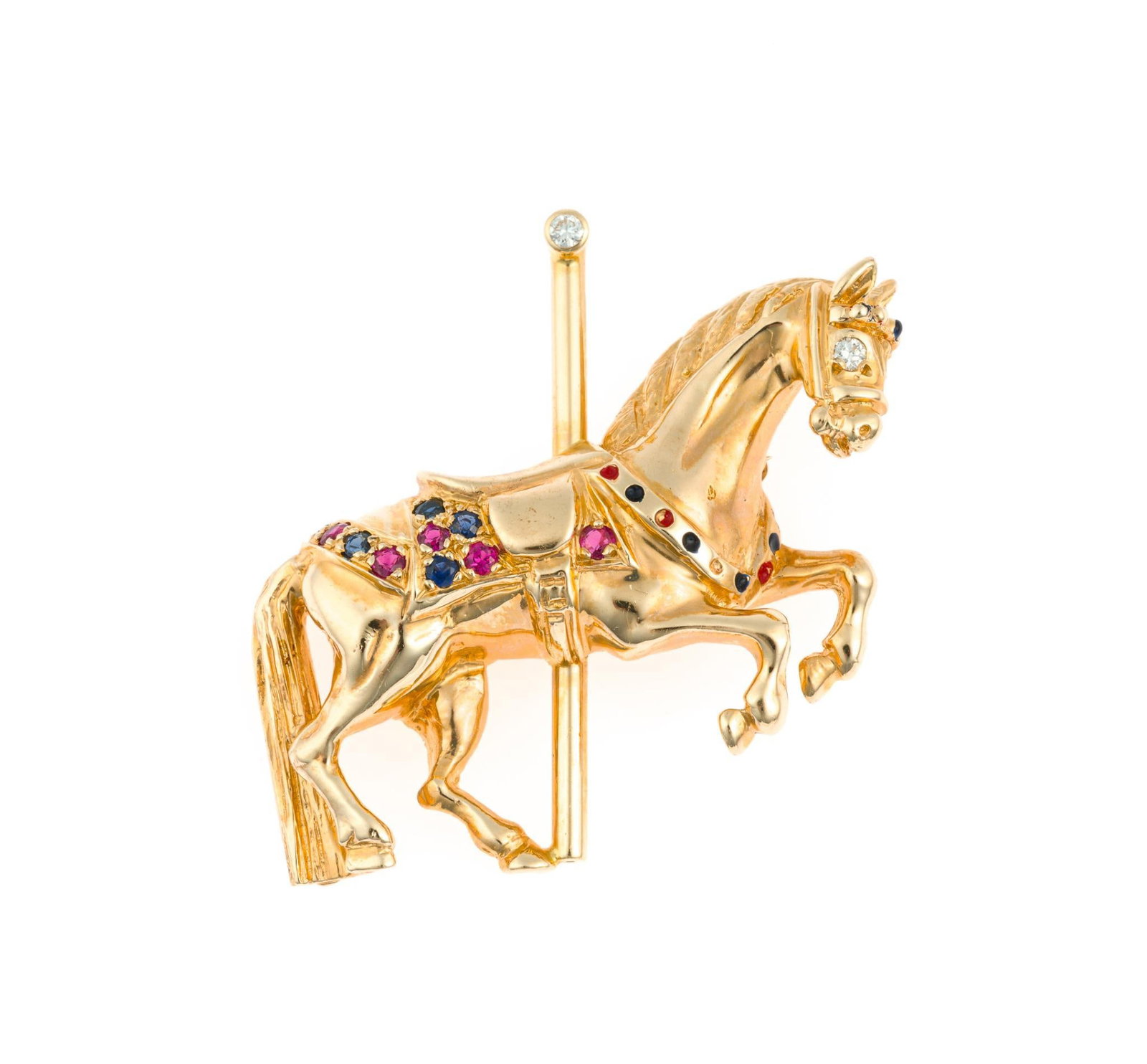 Danker 14K Gold and Gemstone Carousel Horse Brooch: Henry Dankner & Sons vintage carousel horse brooch with sapphire, ruby and diamond enhancements. The length is 1 1/2" and weight is 9.4 grams. It is marked Dankner 14k.