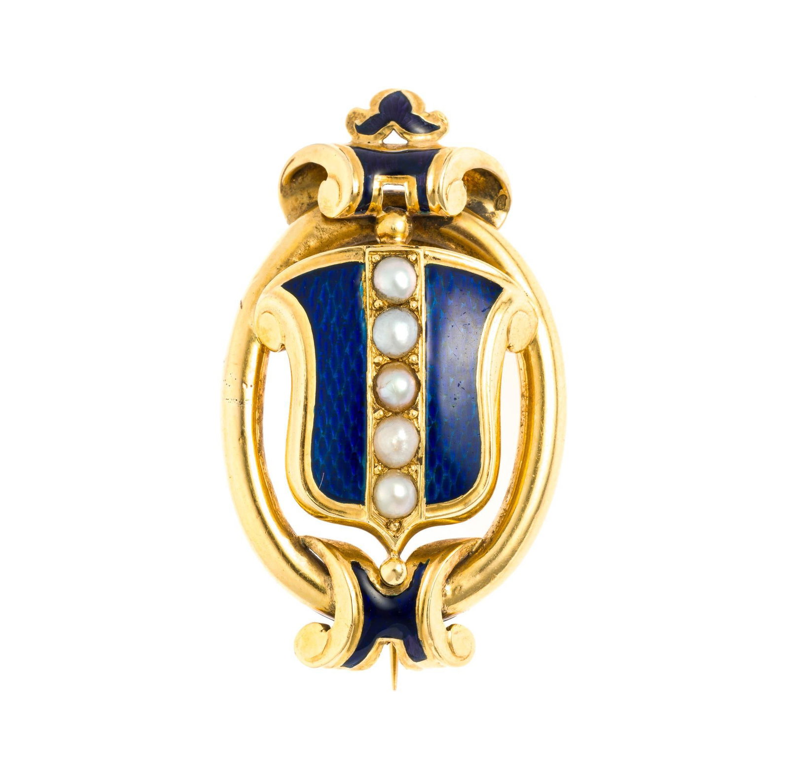 Victorian 18K Gold, Enamel, and Seed Pearl Pendant Brooch: A yellow gold convertible brooch and watch hook pendant with royal blue guilloche enamel and seed pearls. The pendant is unmarked and tests 18k. It weighs 7.6 grams and has a length of 1