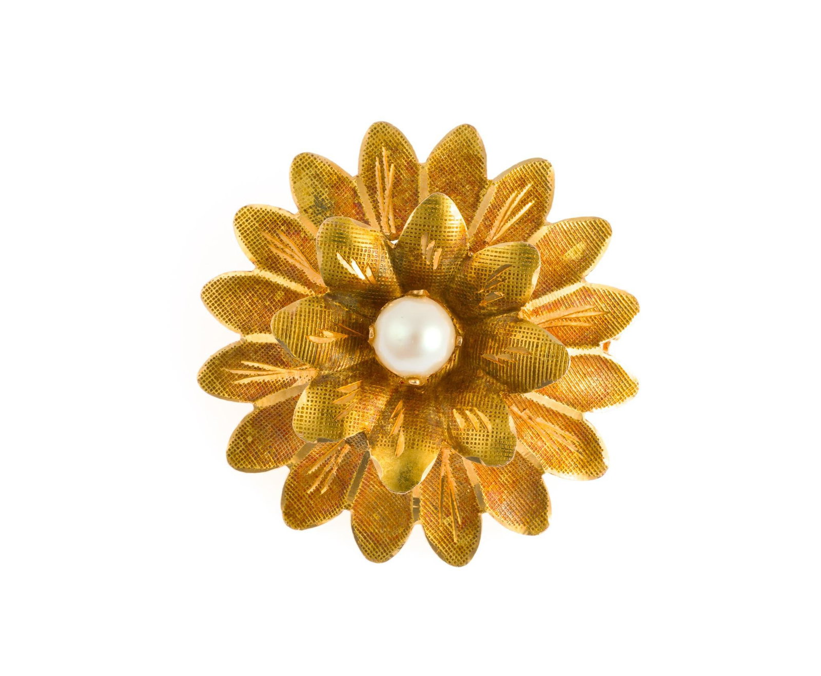 18K Gold and Pearl Flower Brooch: A yellow gold flower brooch with a central pearl. The diameter is 1 3/8" and it is marked 18k. The weight is 8.1 grams. Marked "88 AR" on back. 