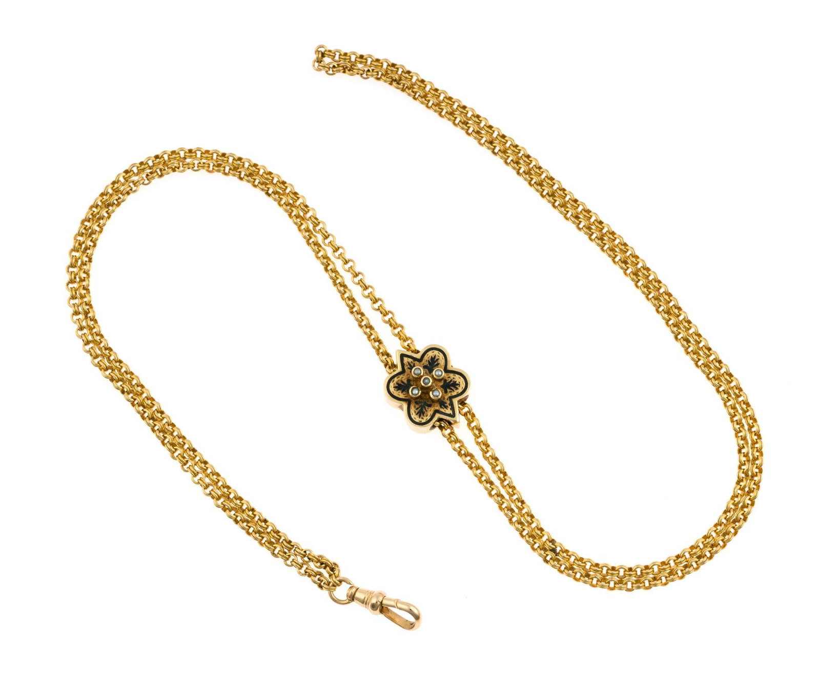 Victorian 14K and 15K Gold Watch Slide Chain: An antique pocket watch chain with Victorian 15k gold slide set with seed pearls and decorated with black enamel. The chain is marked 14k and the slide 15k. There are no signs of wear or damage. The t