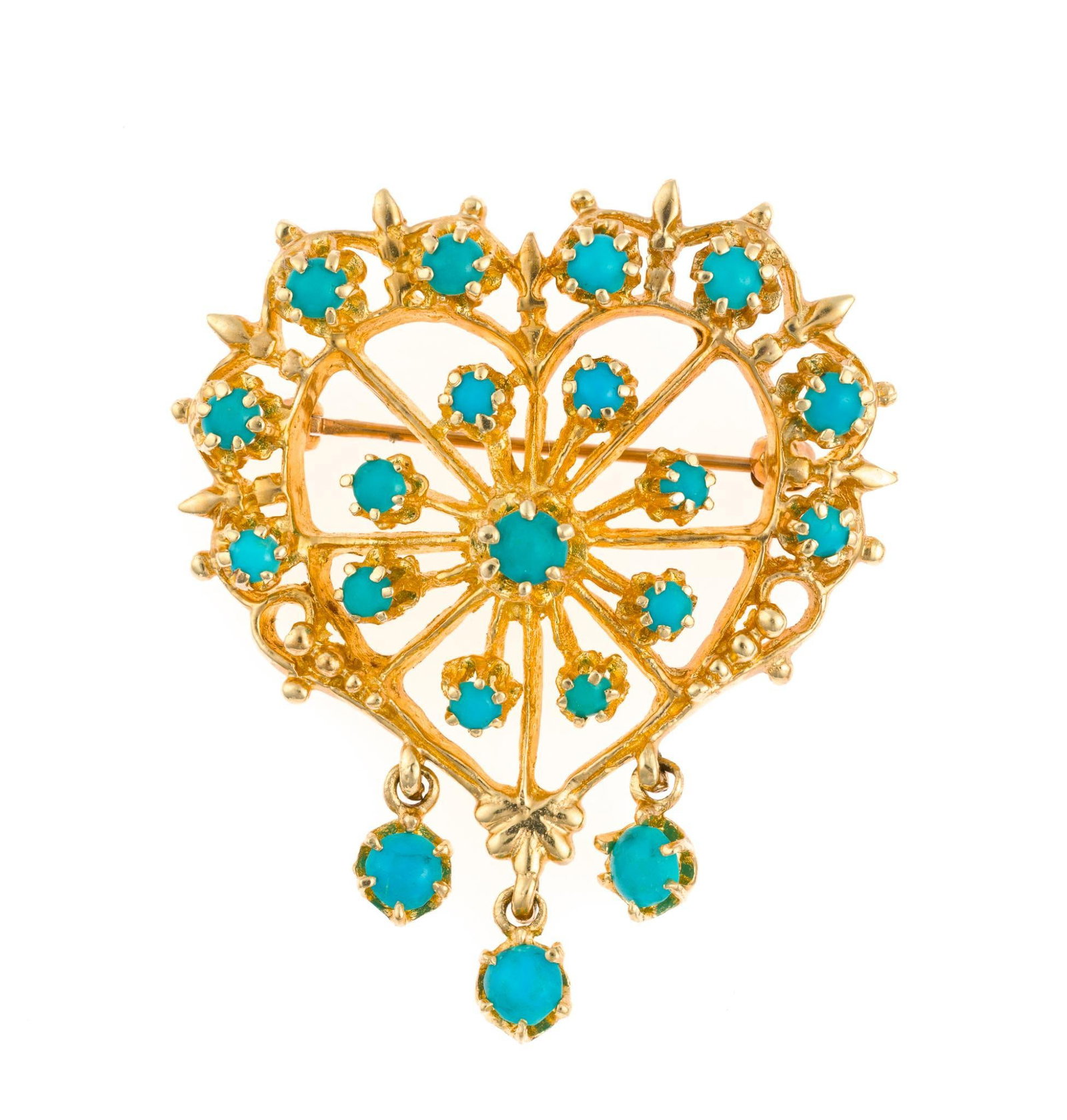 Victorian 14K Gold and Turquoise Heart Brooch: A 1 1/2" length open-work heart brooch with turquoise gemstones. It weighs 11.3 grams.