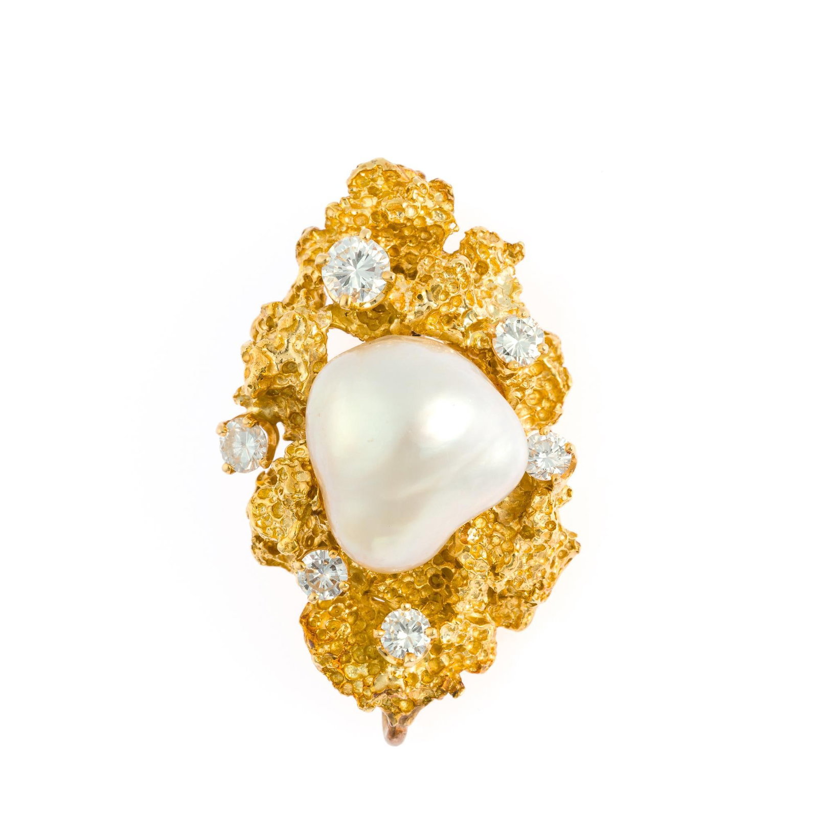 Mid-Century 18K Gold, Baroque Pearl, and Diamond Pendant Brooch: 18k yellow gold vintage mid-century modernist free-form brooch. Set with center approximately 13.3mm x 14.5mm South Sea baroque pearl accented by six round brilliant cut prong-set diamonds. Total diam