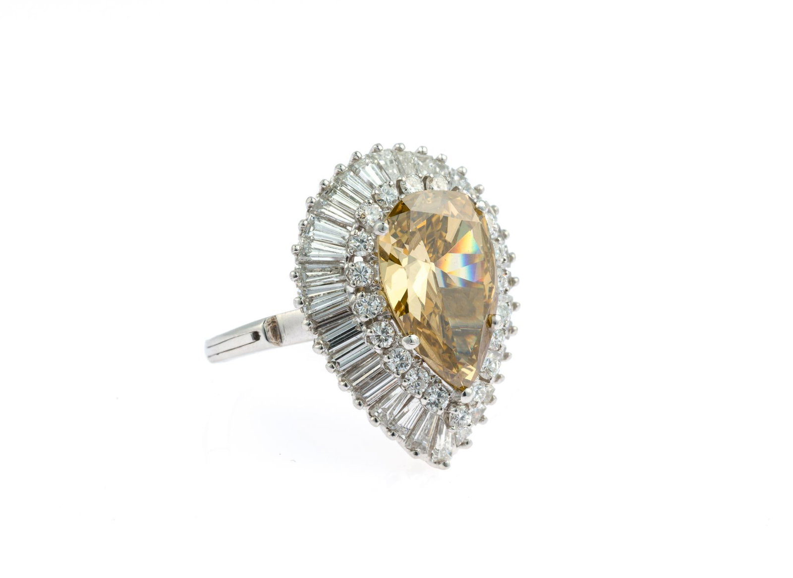 Platinum & 6.21 CTW Diamond Cocktail Ring Pendant: Platinum setting with adjustable shank and ballerina style setting. Center 3.80 carat fancy brown diamond with GIA report, inscription 2235940226 (treated color). Surrounded by twenty round full cut