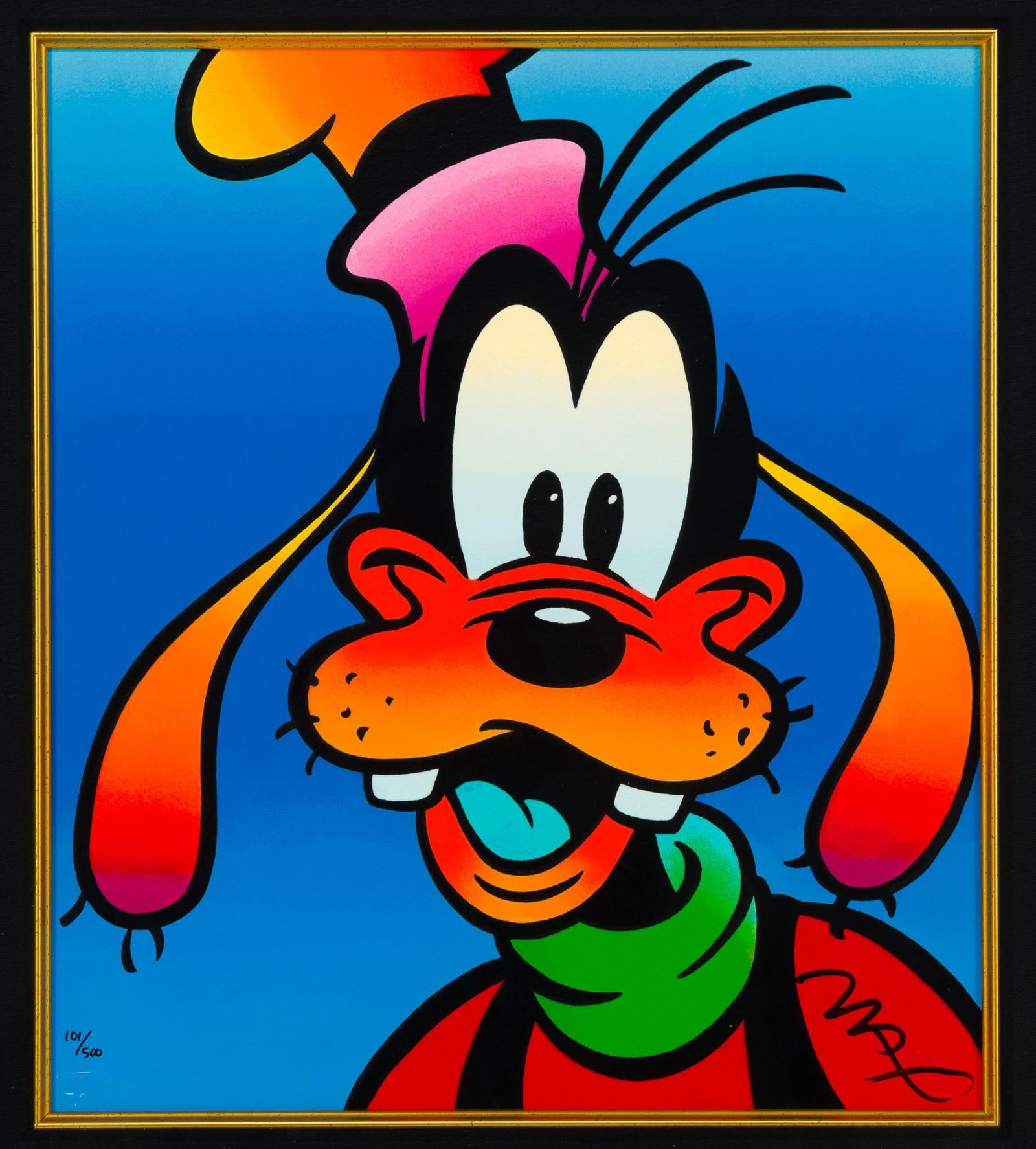 Peter Max Serigraph - Goofy: Peter Max signed and numbered 101/500 serigraph of Goofy. The print size is 15 1/2" X 13 1/2", 27 1/2" X 25 1/2" framed size.