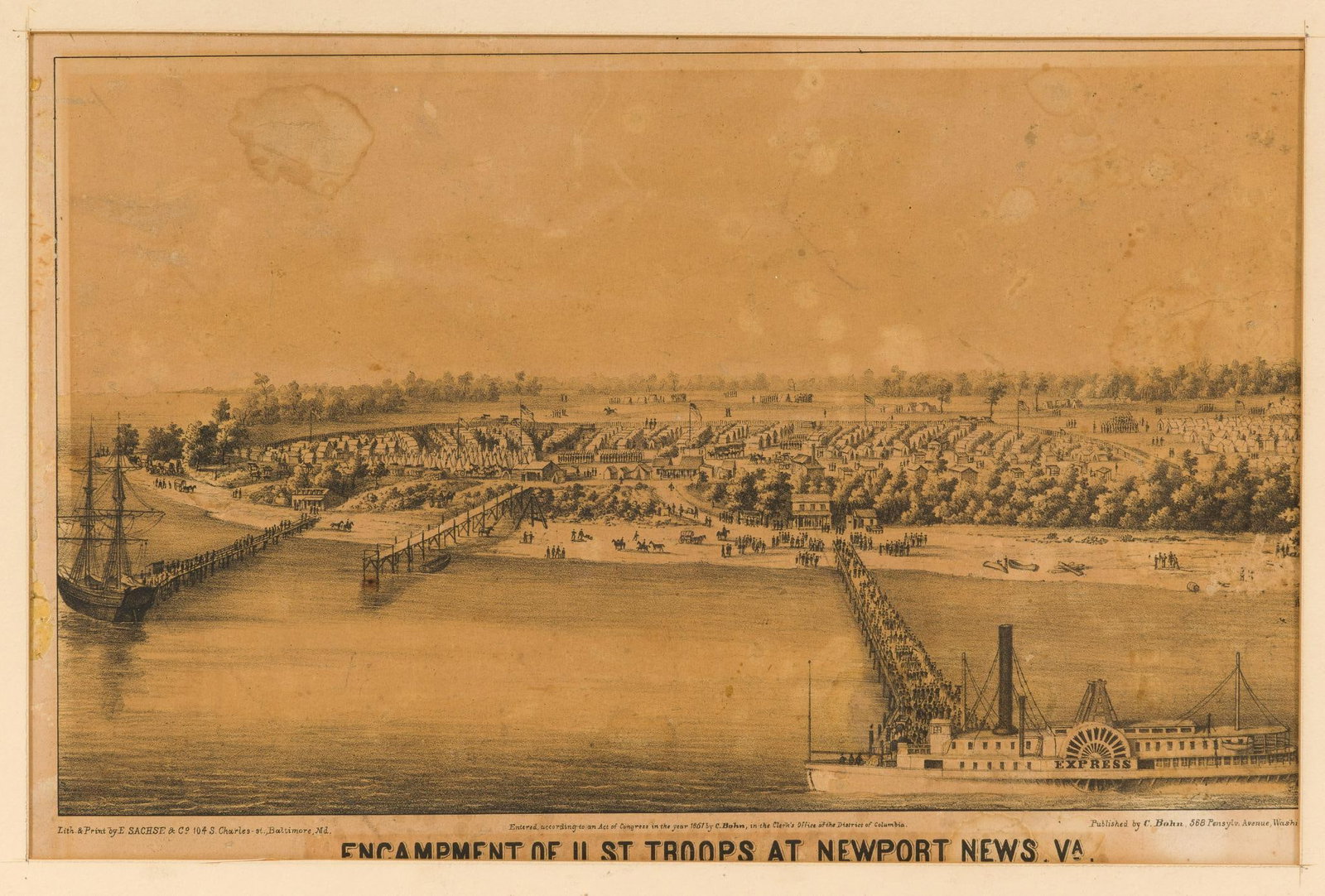 1861 Lithograph US Troops at Newport News: An antique lithograph titled Encampment Of U. St. Troops At Newport News, VA. Lithograph & Printing By E. Sachse & Co. 104 S. Charles St., Baltimore, MD. Published by C. Bohn 568 Pennsylvania Avenue, 