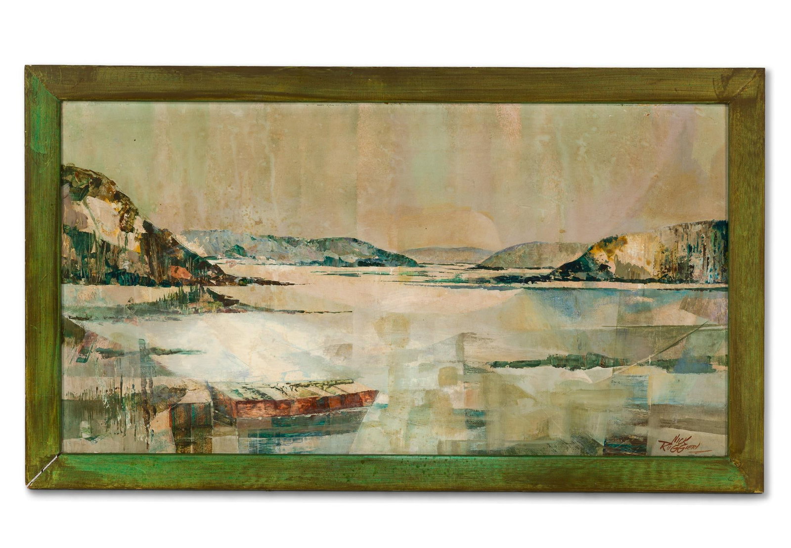 Nick Ruggieri Landscape Painting: A mixed media painting on board by Nick Ruggieri 1908 - 1996. The painting is 13 1/2" X 25 1/2" 16 1/4" X 28 1/4". The surface has spotting.