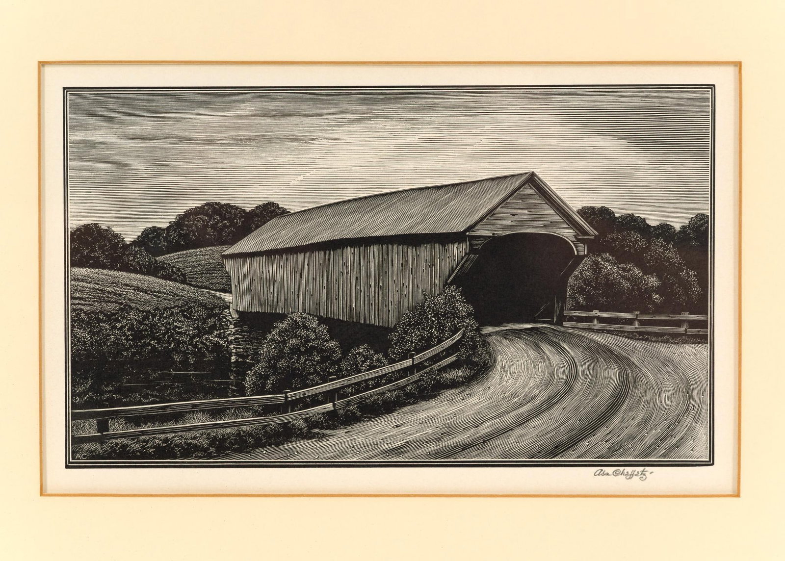 Asa Cheffetz "Covered Bridge" Signed Original Wood-Engraving: Wood-Engraving by Asa Cheffetz, signed bottom right hand corner. In good condition. Dimensions are 15" x 19". Documentation on back. 