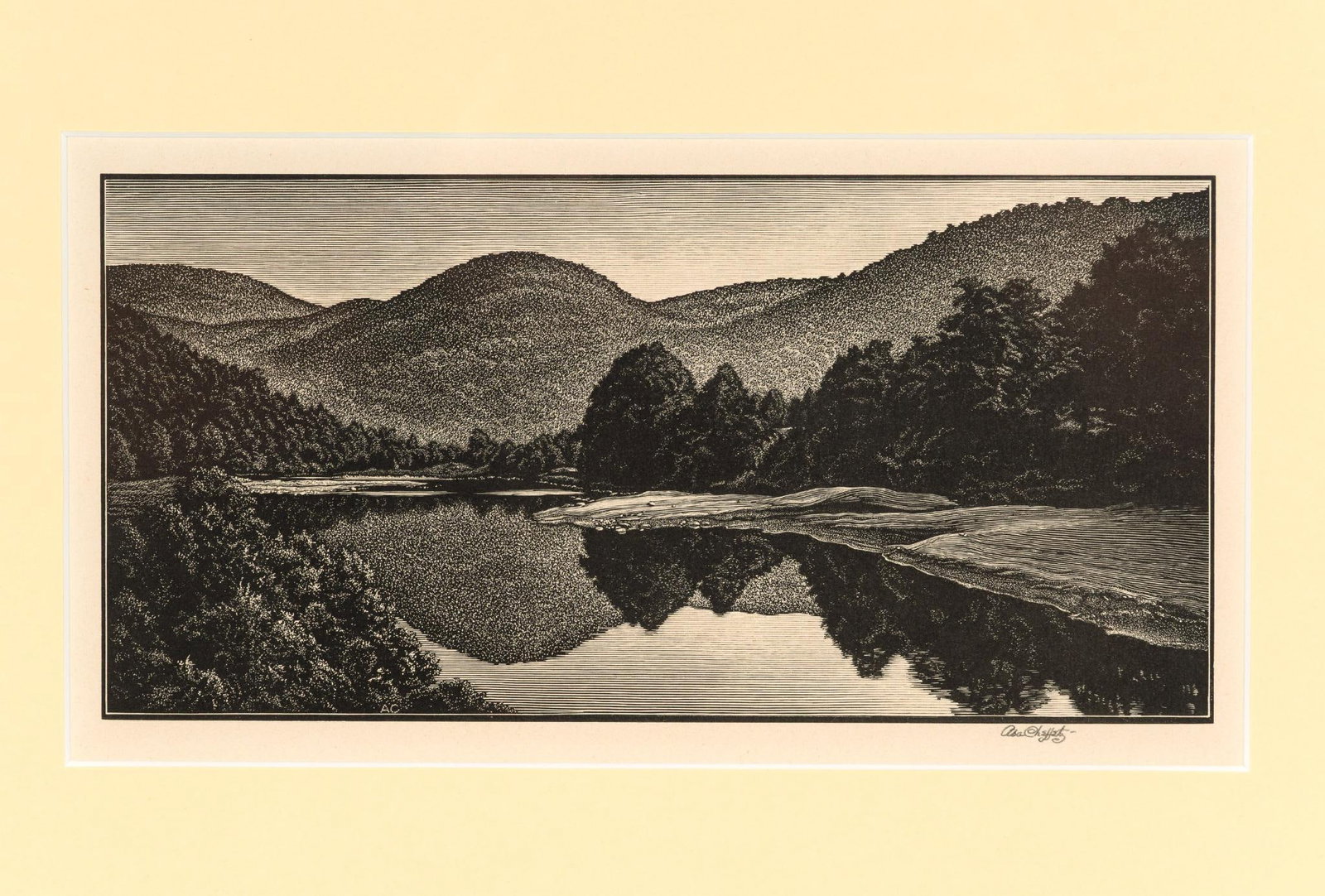 Asa Cheffetz "Along The Winooski" Signed Original Wood-Engraving: Wood engraving signed by Asa Cheffetz. In good condition. Information on the back. Dimensions are 15-1/4" x 19-1/4". 