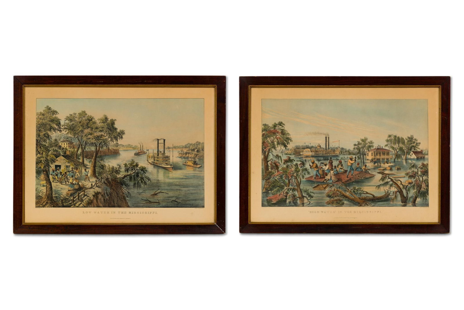 Currier & Ives Hand Colored Lithographs Mississippi: A pair of 19th Century lithographs Low Water and High Water In The Mississippi after Frances Flora Bond Palmer. They were published by Currier & Ives in 1868. Both prints have some spotting visible in