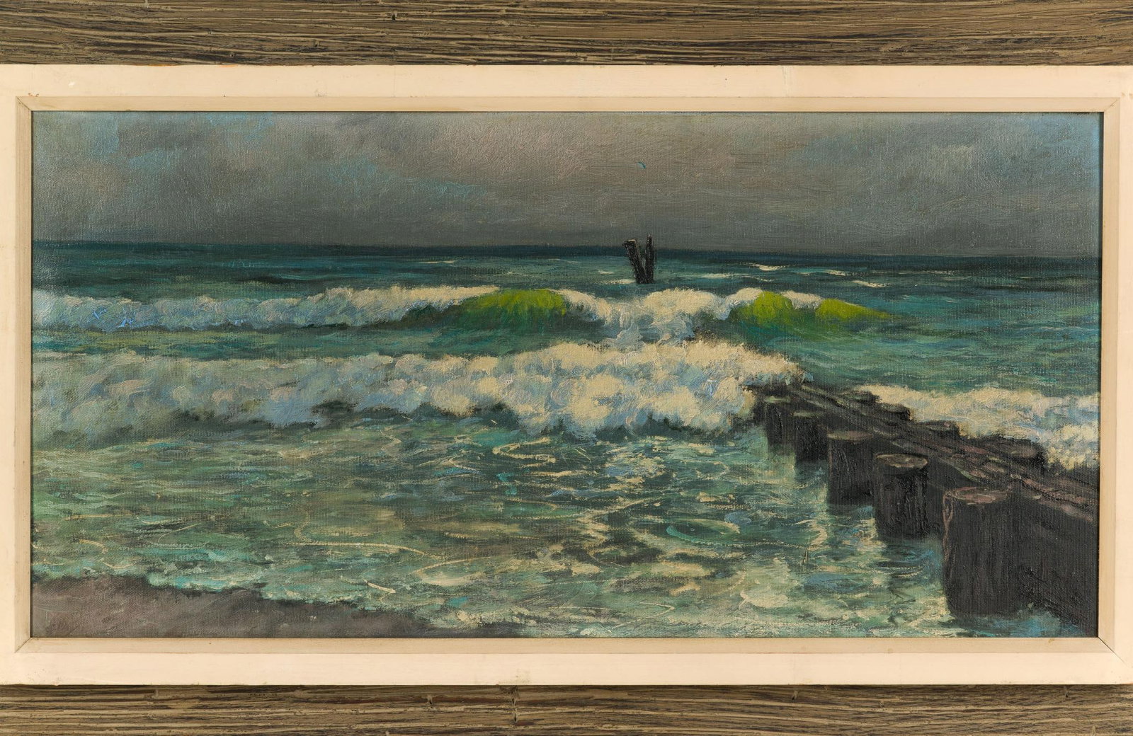 Mid-Century Seascape Painting: Unsigned, circa 1960. Oil on canvas. Overall 20" high x 31-7/8" wide, sight 11-3/4" high x 23-1/4" wide. 