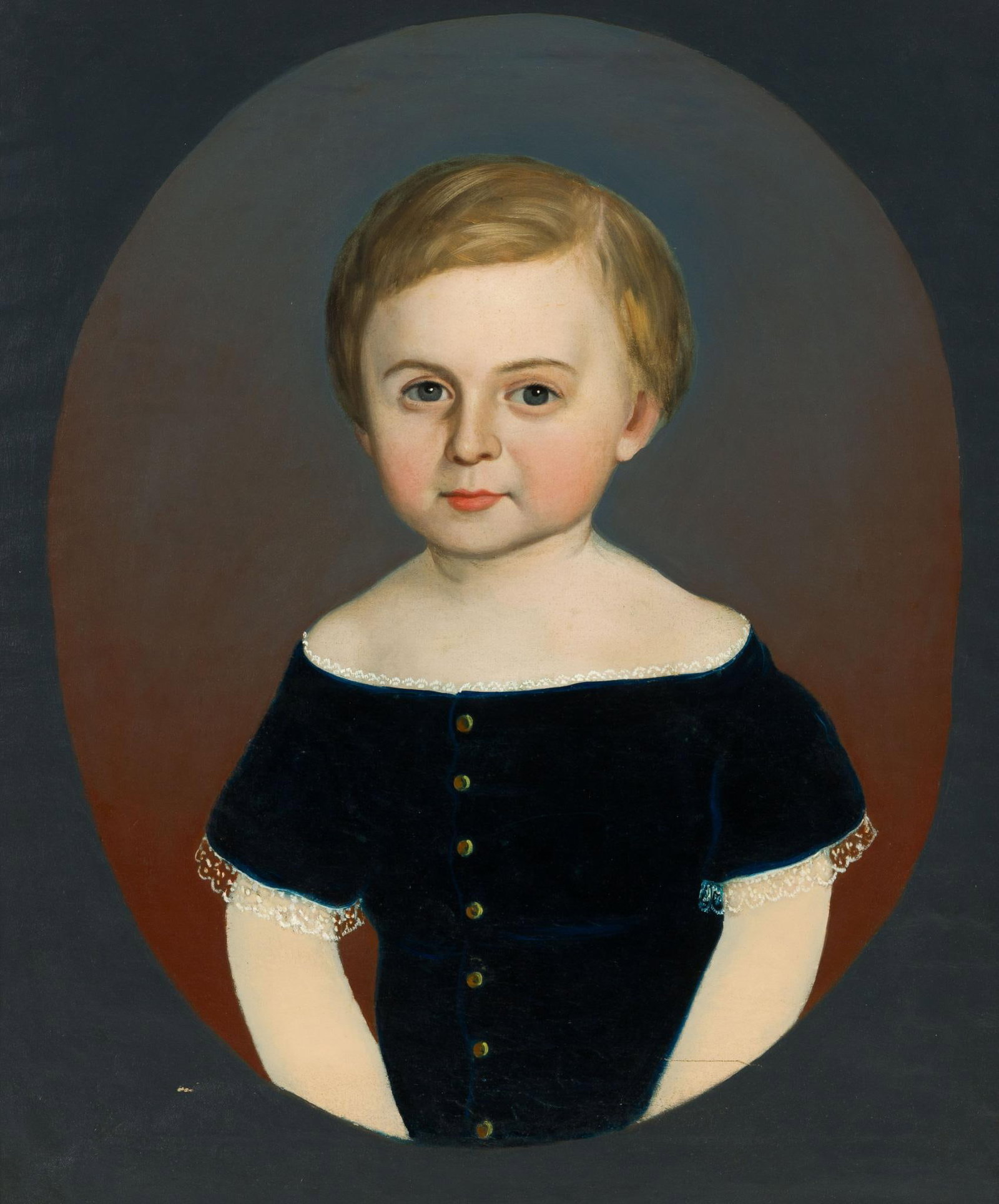 New York American School 19th C Oil on Canvas Portrait Painting: The painting is 23" X 19". The framed size is 28 7/8" X 24 3/4". The portrait is attributed to being of Elbert Lemuel Heacock, son of Philander Heacock, painted in 1854, Kingsboro/Gloversville,