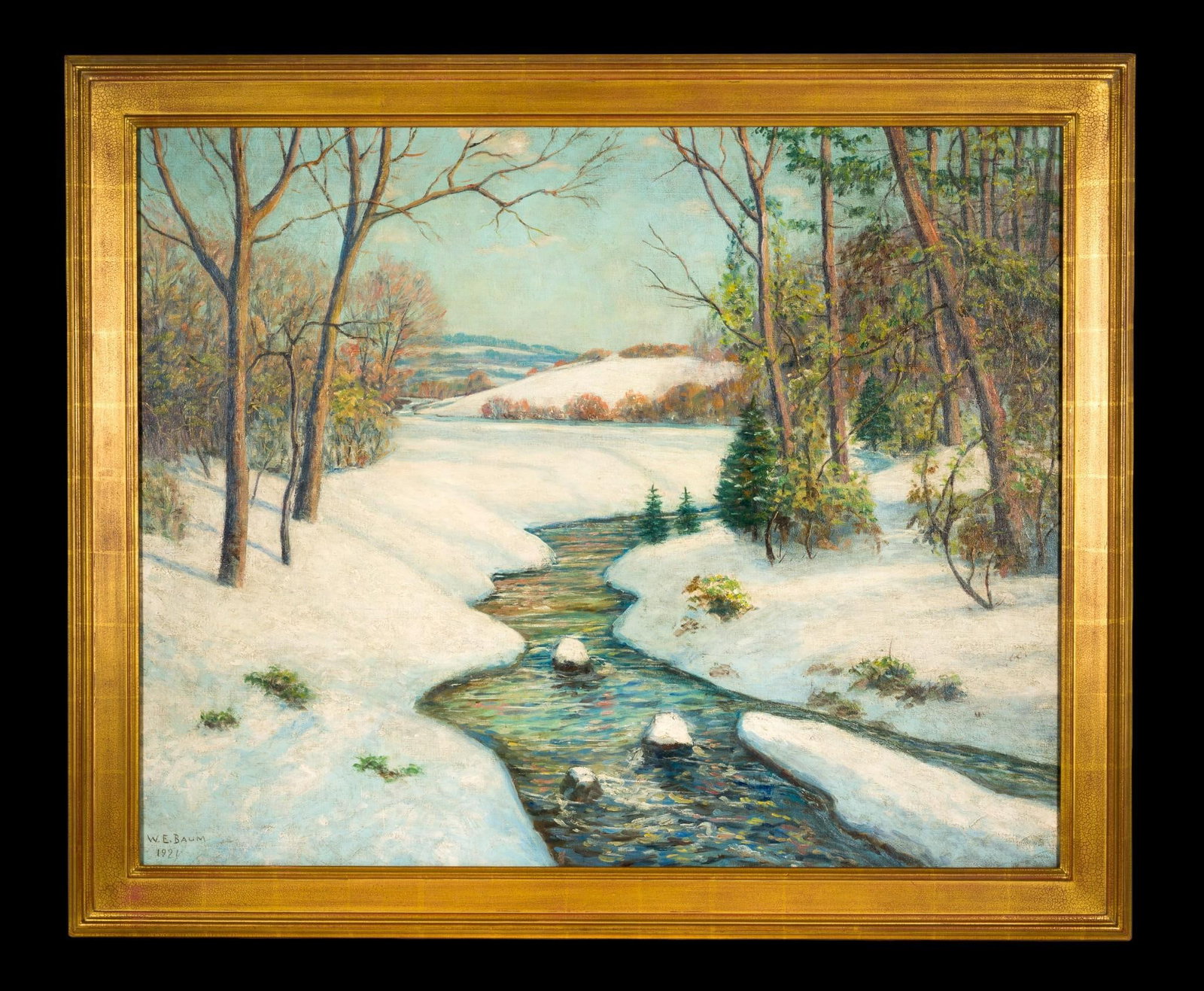 Sunny Winter Day by Walter Emerson Baum (American, 1884 - 1956) Oil On Canvas 1921: A 32" X 40" oil on canvas titled Sunny Winter Day on the reverse and signed W. E. Baum 1921 to the stretcher frame. It is also signed on the painting side, W. E. Baum 1921. The painting is unlined, un