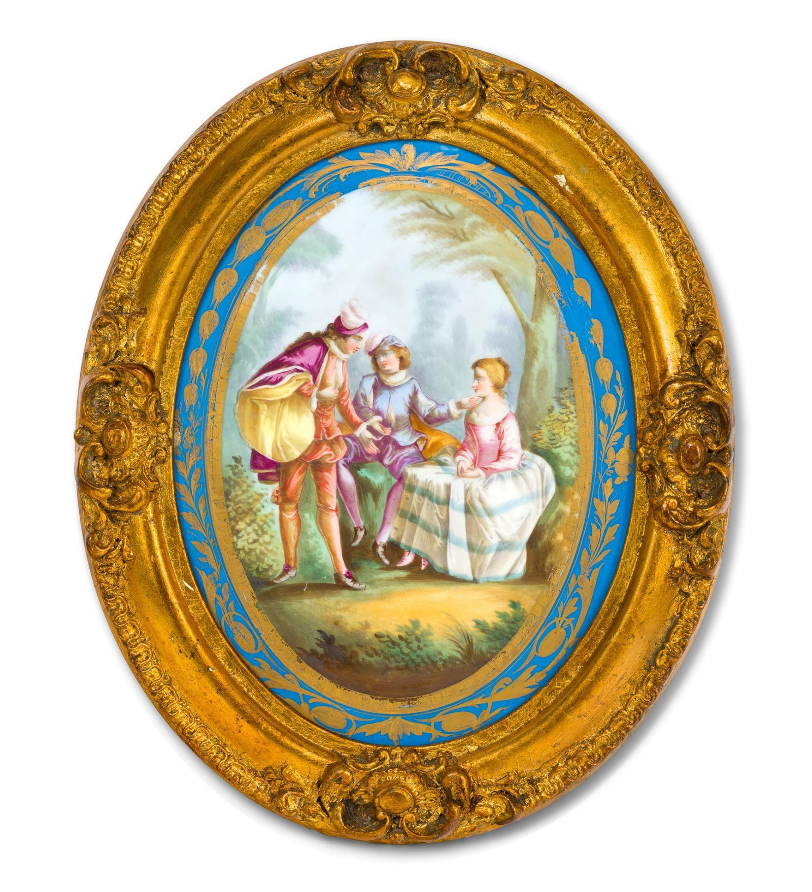 Antique Sevres Oval Porcelain Plaque: A 19th Century Sevres style convex oval porcelain plaque measuring 17 1/2" X 14" framed size. The gilt gold border work at the porcelain shows wear and losses and the frame has sma
