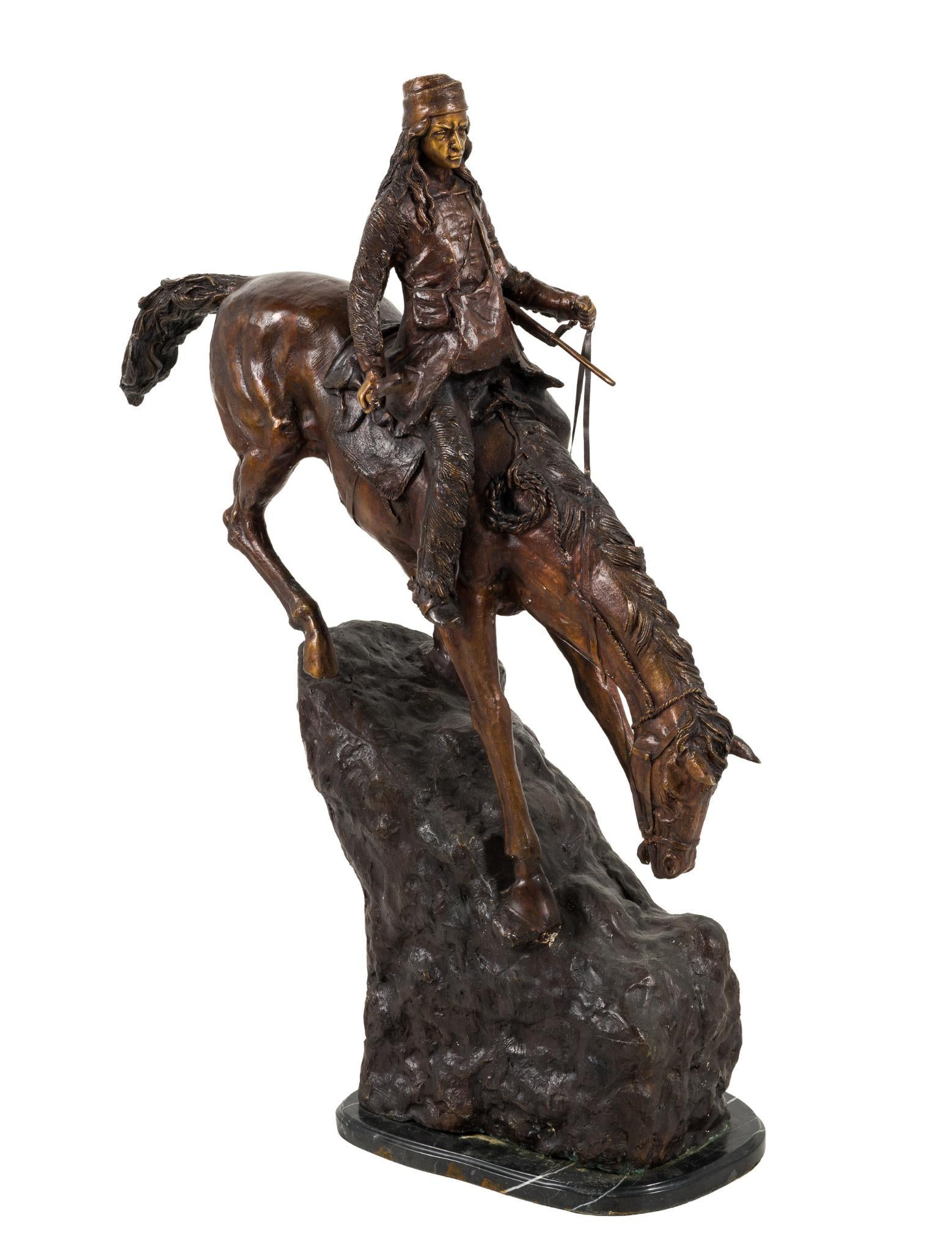 Bronze Sculpture After Frederick Remington: A large version of Frederick Remington's Mountain Man in bronze. Not including the marble base, it is 39 1/2" tall and 33" length. the base is 1" height.