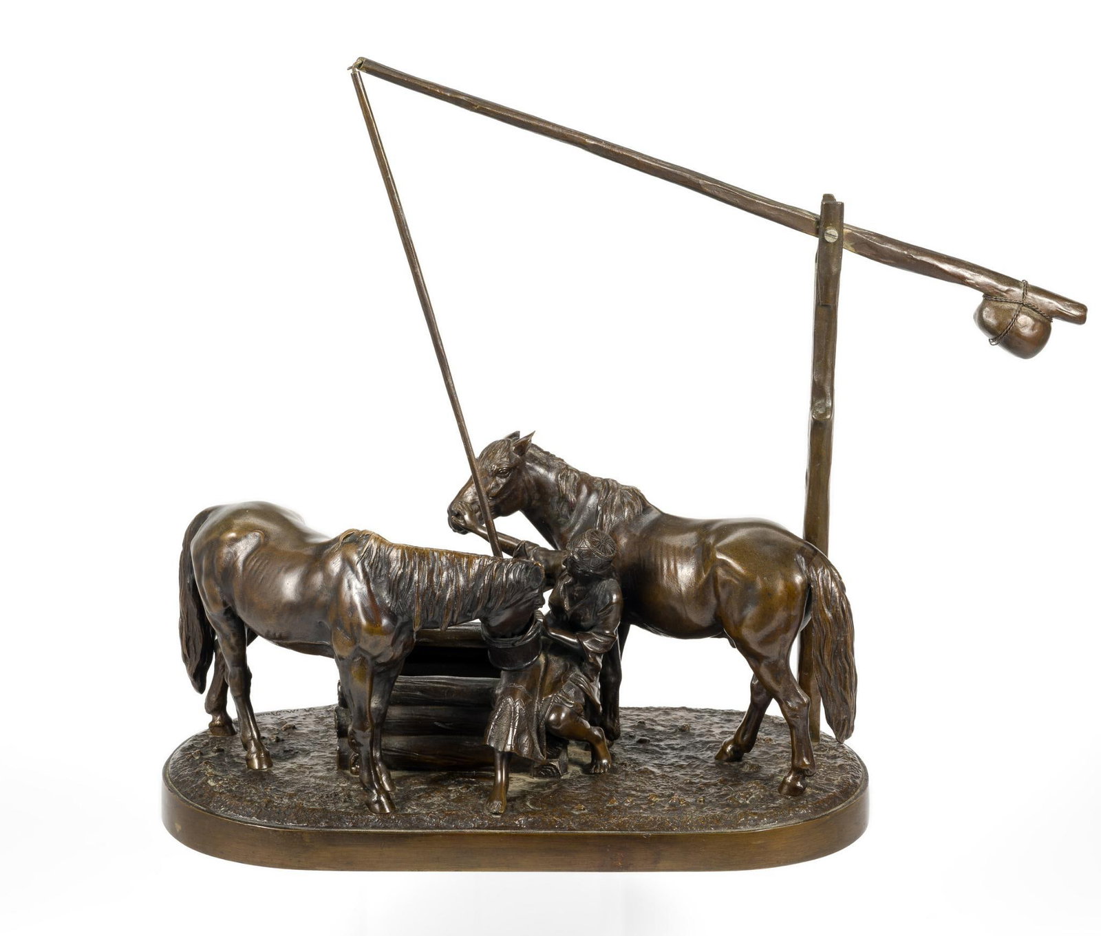 Albert Moritz Wolff Antique Bronze Watering Horses: Girl Watering Horses - Madchen beim Tranken der Pferde by Albert Moritz Wolff Russian Germany 1854 - 1923. 14" length, 7" width, 7 1/2 height. Water bucket hoist not included in those dimens
