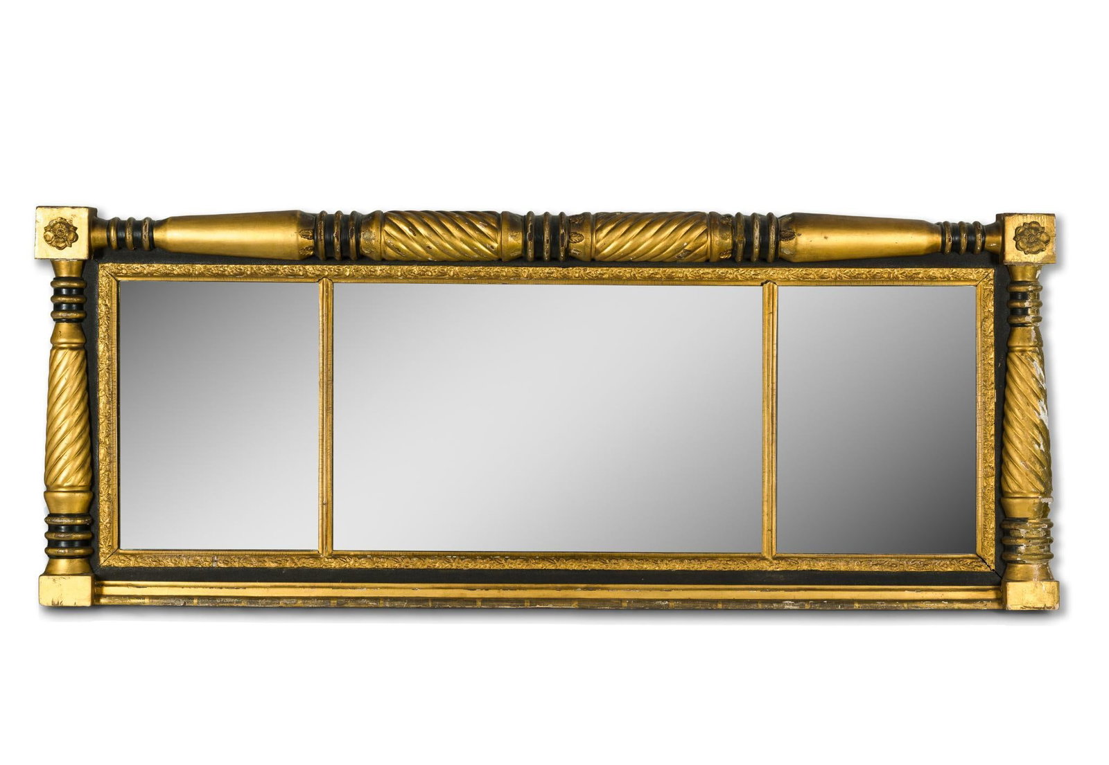 19th C Giltwood Three-Panel Overmantel Mirror: 19th century giltwood and gesso three-panel overmantel mirror, in the Neoclassical/Regency Revival style, the rectangular frame with three mirror plates surrounded by molded gilt borders, flanked and