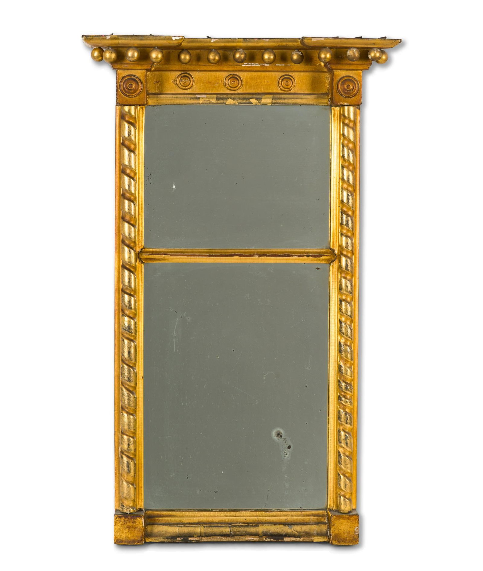 American Federal Giltwood Two-Plate Pier/Wall Mirror: Circa 1820–1830, the architectural cornice with applied gilt ball decoration over a rectangular frieze with circular rosette appliqués, flanked by turned rope-twist pilasters, the frame enc