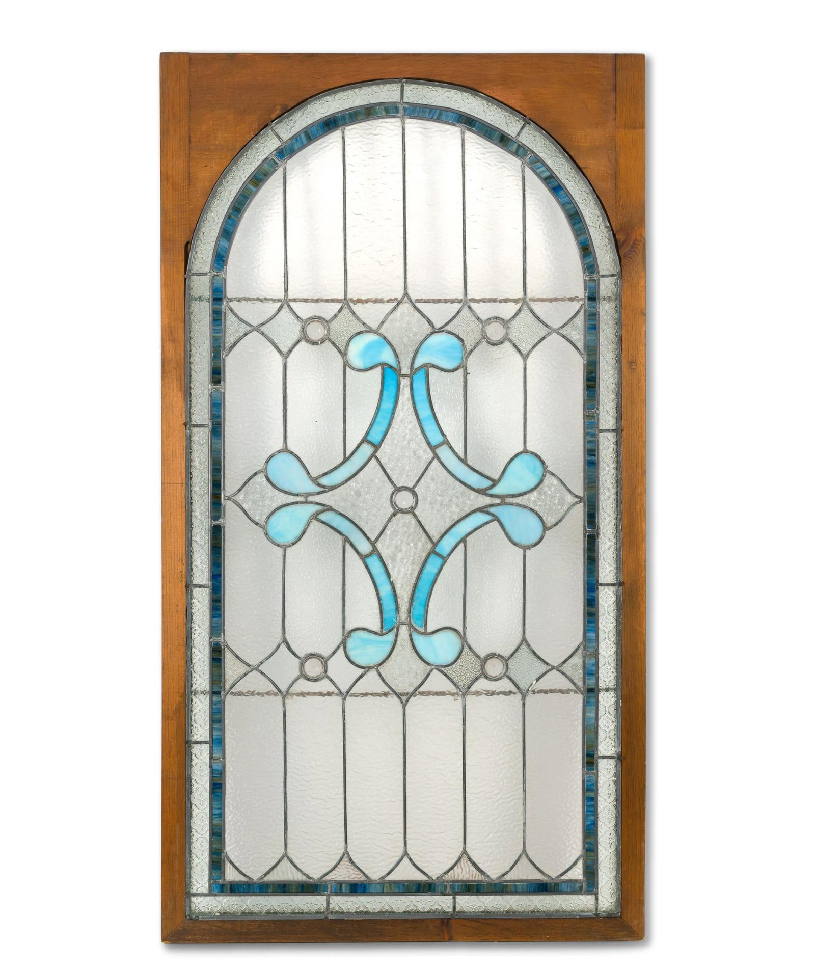 Large Stained Glass Window: With blue diamond design in center. 53" long x 28-7/8" wide. 