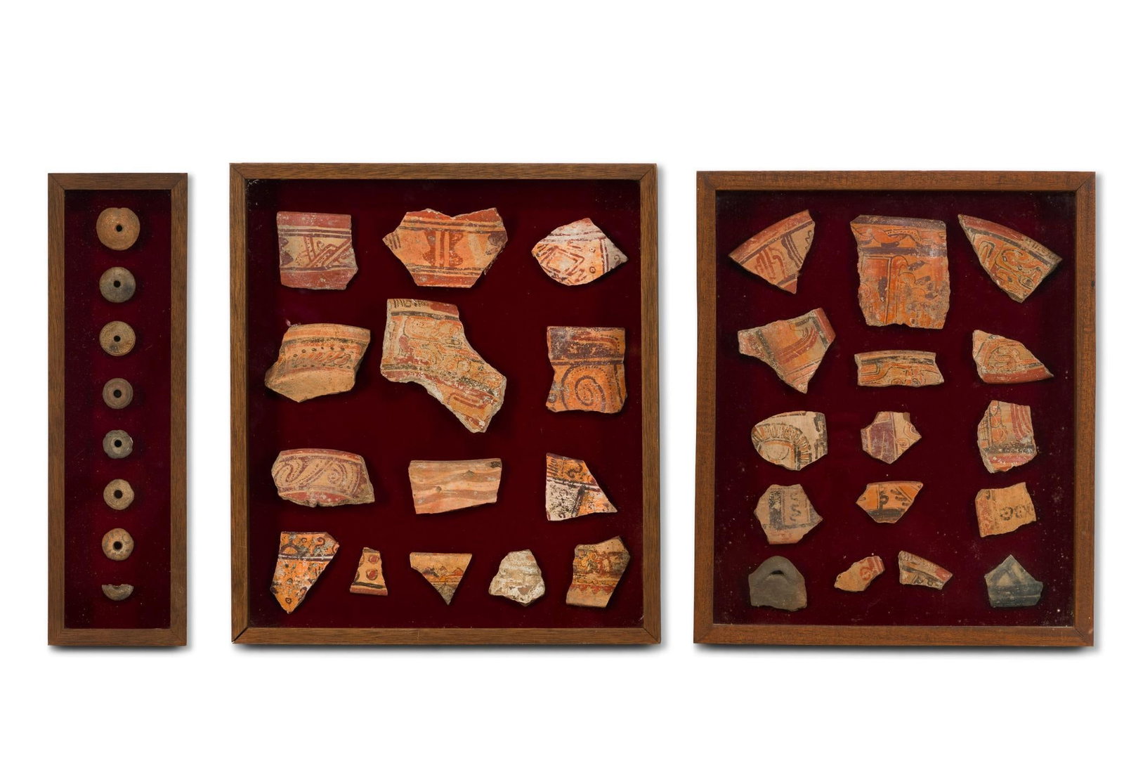 3 Framed Pre Colombian Pottery Shards: 1.) Framed 14 shards of pre-Colombian pottery. Back of frame reads, "Found at Melara, El Salvador, 1986 D. M. Richardson." In good condition. Dimensions are 16-1/4" x 14-1/2". 2.) Framed 16