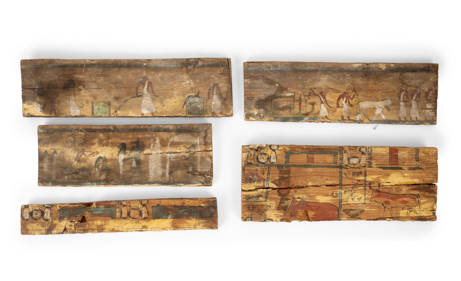 5 Egyptian Painted Wood Panels: All painted with scenes including figures and boats, livestock, and more. 15-1/4" to 17" wide x 5-1/2" to 6-1/2" long. One with sliver not attached but included. Paint is faded and some staining to