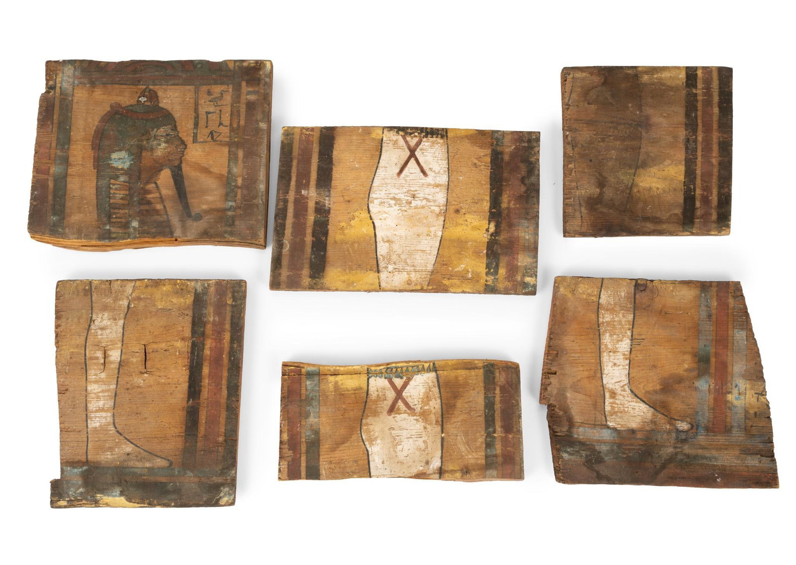 6 Egyptian Painted Wood Panels: All with figural sections painted on them. Some with hieroglyphs. Paint fading and some staining on the wood. 9-1/4" to 9-3/8" wide x 4-1/2" to 7-1/2" long. 