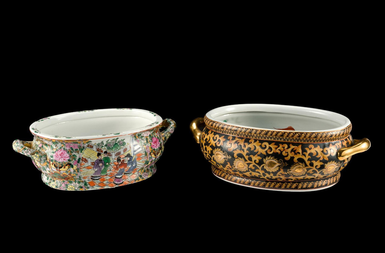 2 Chinese Porcelain Footbaths: Includes black and gold floral with interior decoration, and famille rose. Both marked on bottom. Black and gold foot bath measures 18-1/2" x 12" x 6-1/2". Famille rose foot bath measures 17" x