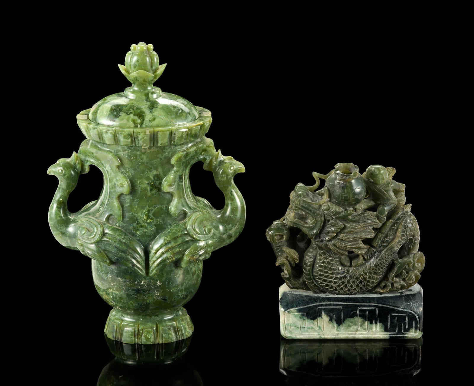 2 Chinese Hardstone Carvings: Includes lidded phoenix urn and dragon seal. One dragon whisker is broken off at the top half. Urn measures 3-1/2" x 7" 8". Seal measures 3" x 5-1/2" x 6-1/2". 