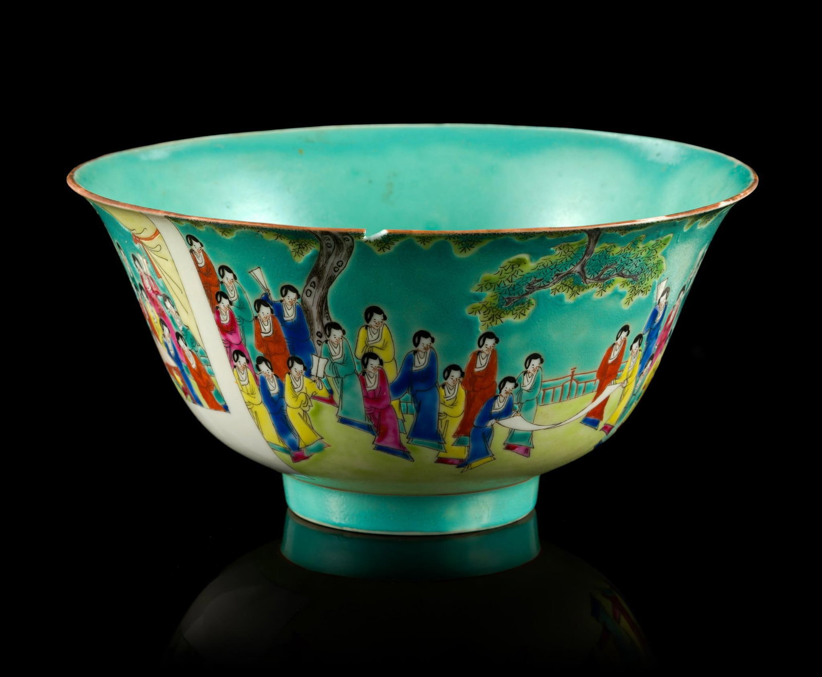 Chinese Famille Rose Peking Bowl: The bowl is 7" in diameter. Turquoise ground featuring scholars and court ladies in a garden pavilion. There is a severe chip loss to the rim.