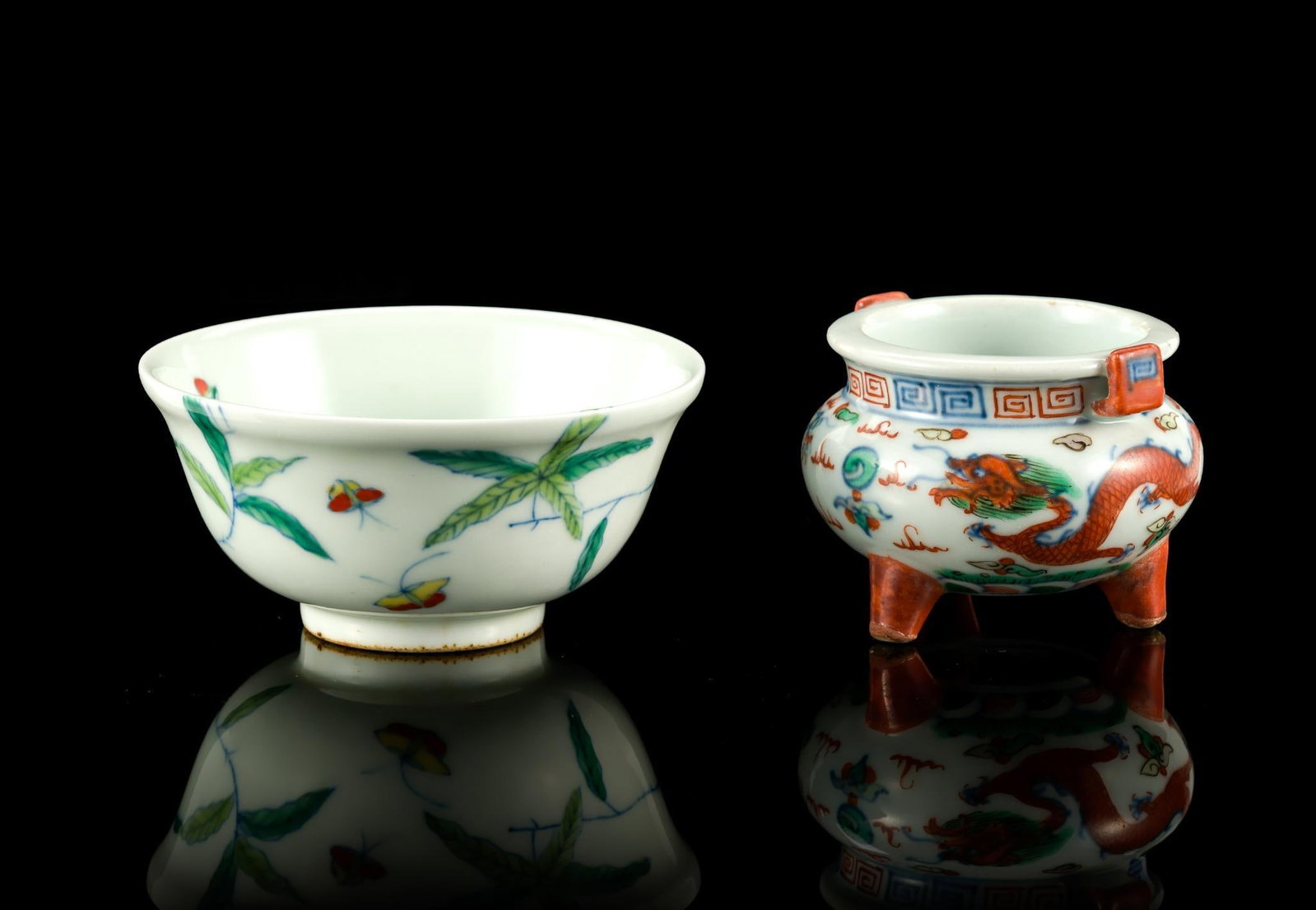 2 Chinese Enamel Vessels: Includes bamboo and butterfly wine cup, and miniature dragon tripod censer. Both stamped on the bottom of the vessel. 3" to 4" wide x 1-7/8" to 2" high. 