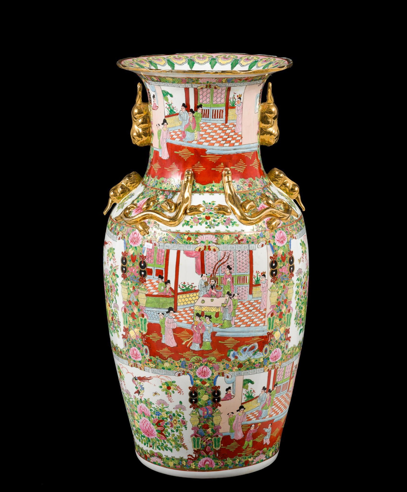 Chinese Canton Famille Rose Palace Floor Vase Qing Dynasty: The vase is 37" in height. It has markings to the base "Made during the Qianlong Reign of the Great Qing Dynasty" Da Qing Qianlong Nian Zhi. It is in good condition without damage, cracks, or repairs.