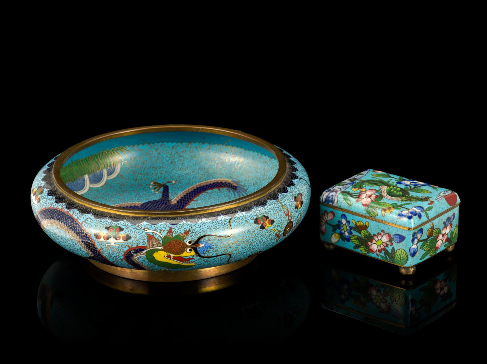 2 Chinese Cloisonne Enamel on Bronze Articles: A late Qing dynasty bronze dragon brush washer bowl 8" in diameter with Qianlong Nian Zao mark rendered to the bottom in cloisonne. Some small pitting to the cloisonne but there are no