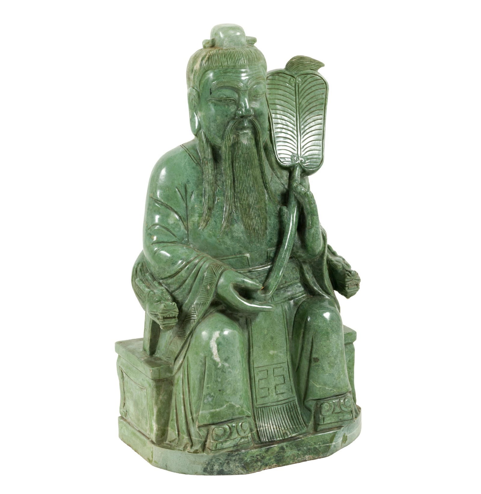 Large Chinese Carved Figure of a Seated Deity: Seated figure holding a fan. 11-1/2" wide x 21-1/2" high. 