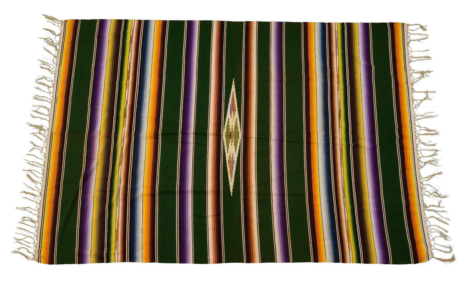 Vintage Mexican Saltillo Rug: Large striped and geometric saltillo rug with diamond motifs in the center. Saltillo refers to a type of textile style inspired or originated form the Mexican city of Saltillo. This style
