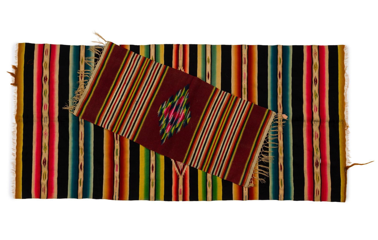 2 Mexican Saltillo Weavings: Includes saltillo wrap with large intricate and colorful center diamond motif and an especially finely woven intricate early saltillo serape. Saltillo refers to a type of textile style